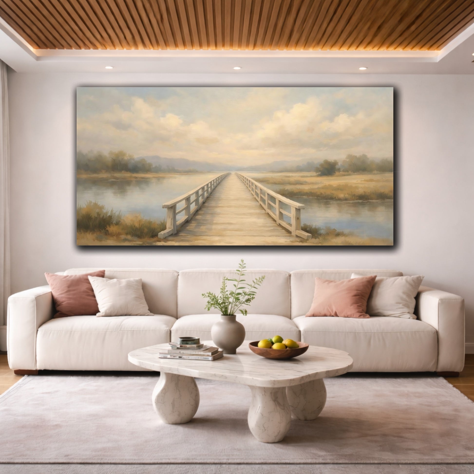 Mockup 3. Nature Wooden Bridge Neutral Landscape shown as stretched canvas wall art