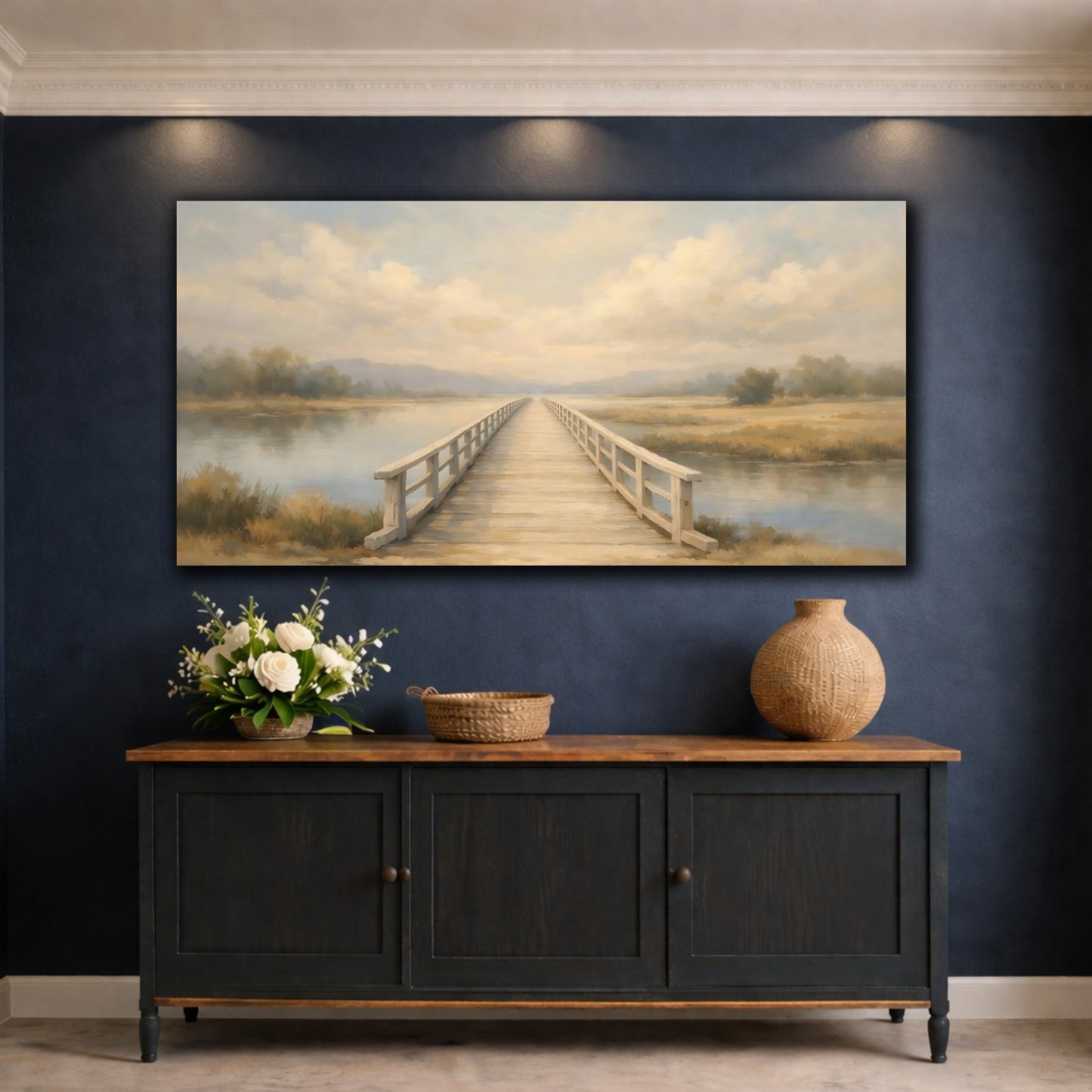Mockup 4. Nature Wooden Bridge Neutral Landscape shown as stretched canvas wall art