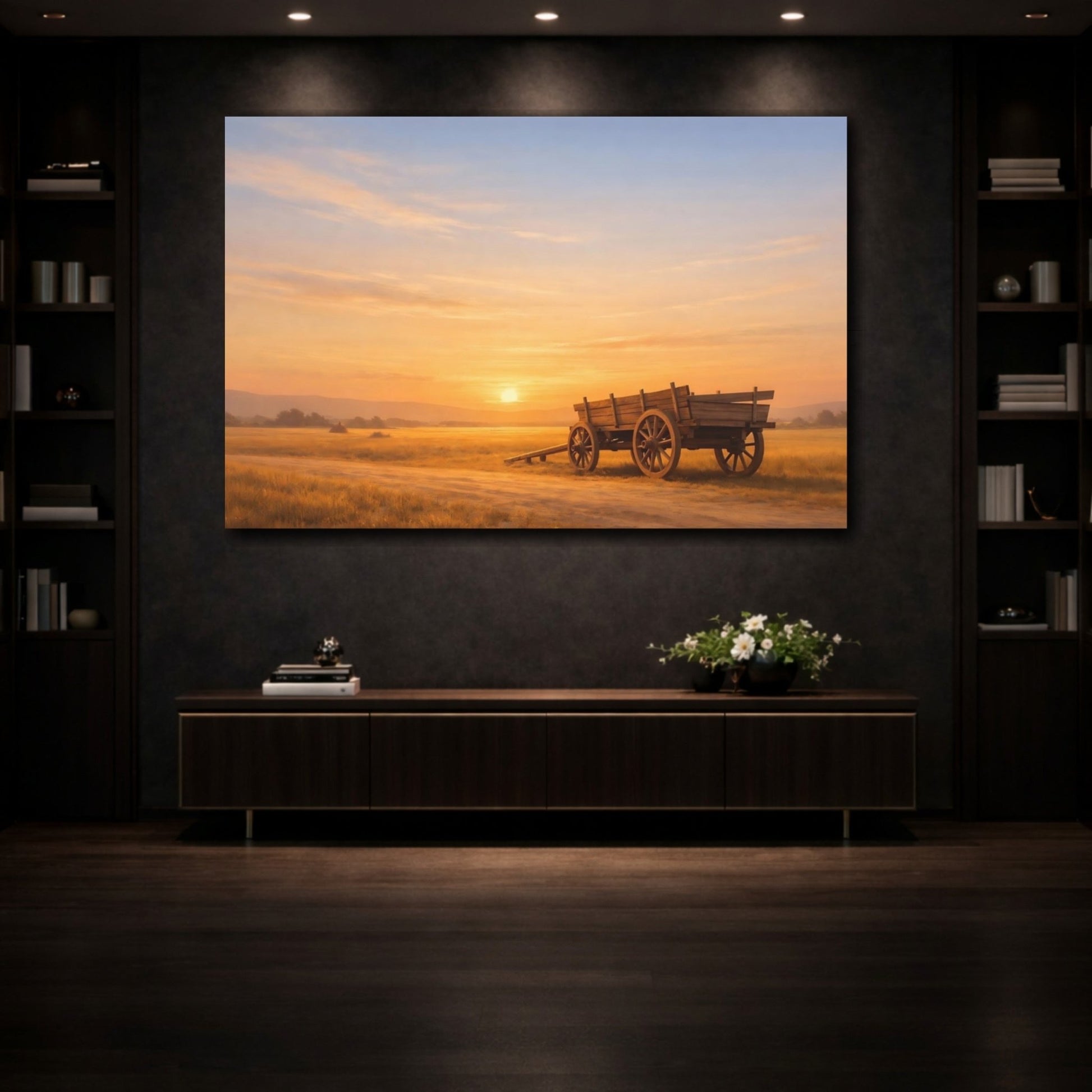 Nature Wooden Cart Golden Sunset - Canvas Wall Art Print - YesArtYes