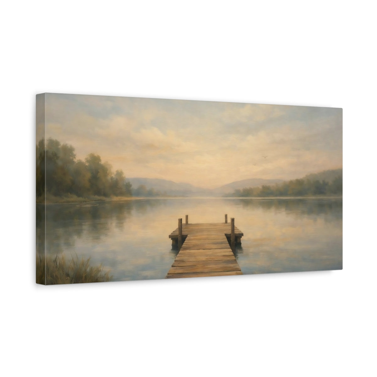Side Mockup 3. Nature Wooden Dock Muted Lake Landscape shown as stretched canvas wall art