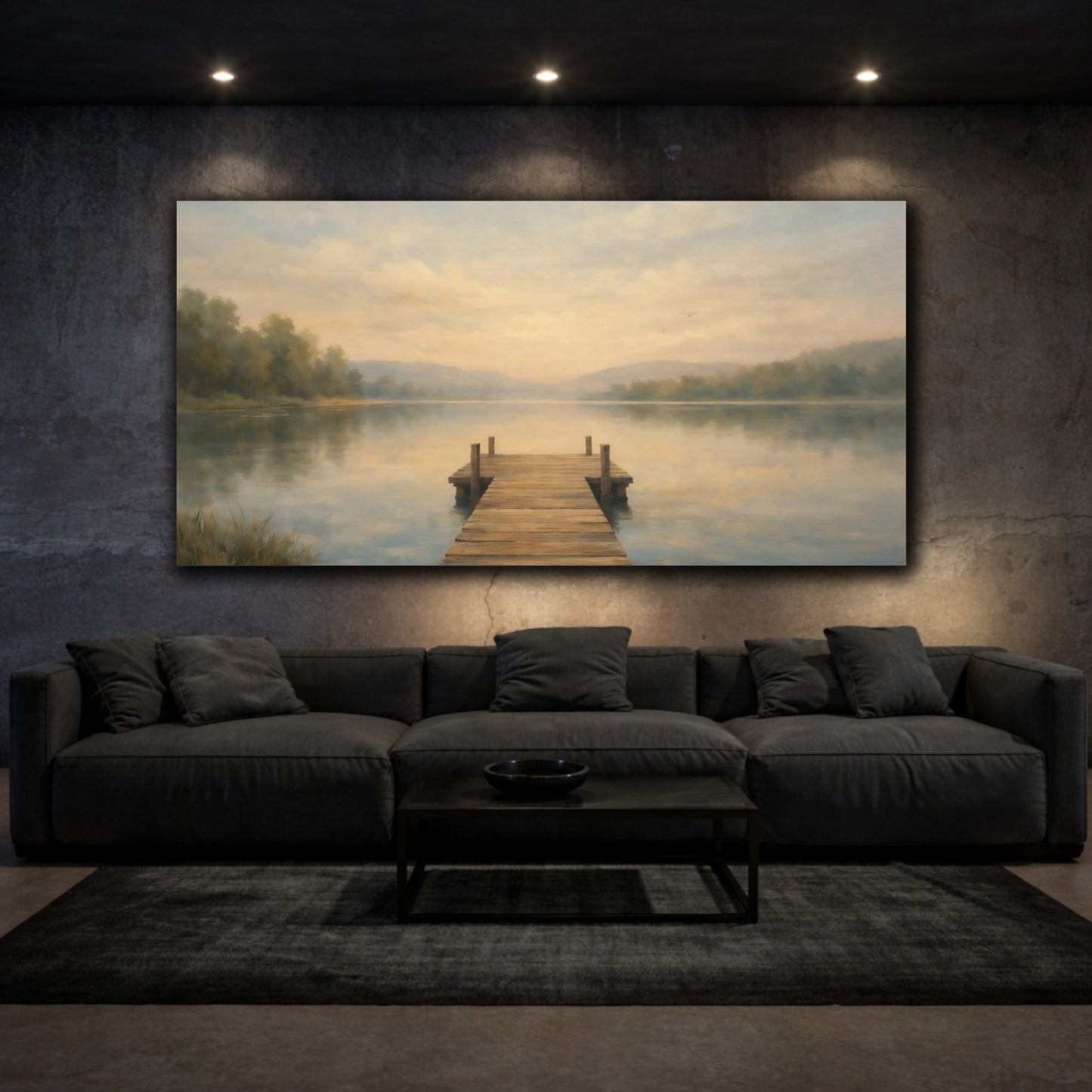 Mockup 2. Nature Wooden Dock Muted Lake Landscape shown as stretched canvas wall art