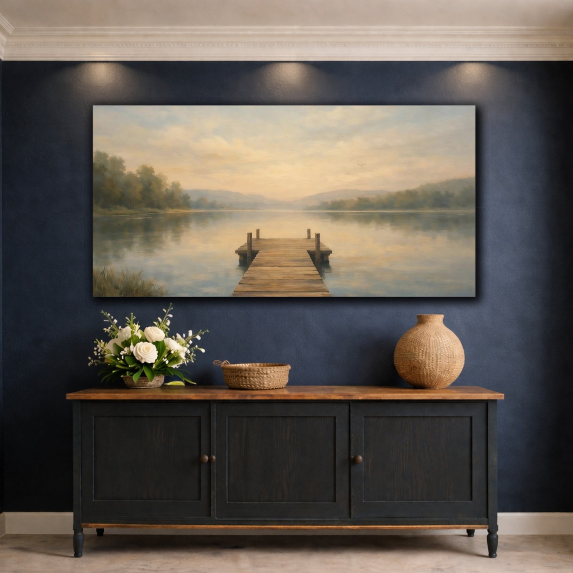 Mockup 4. Nature Wooden Dock Muted Lake Landscape shown as stretched canvas wall art