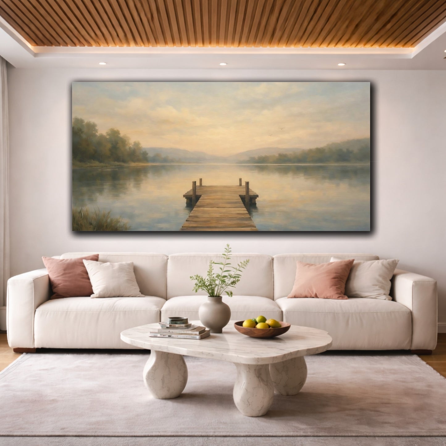 Mockup 3. Nature Wooden Dock Soft Lake Landscape shown as stretched canvas wall art