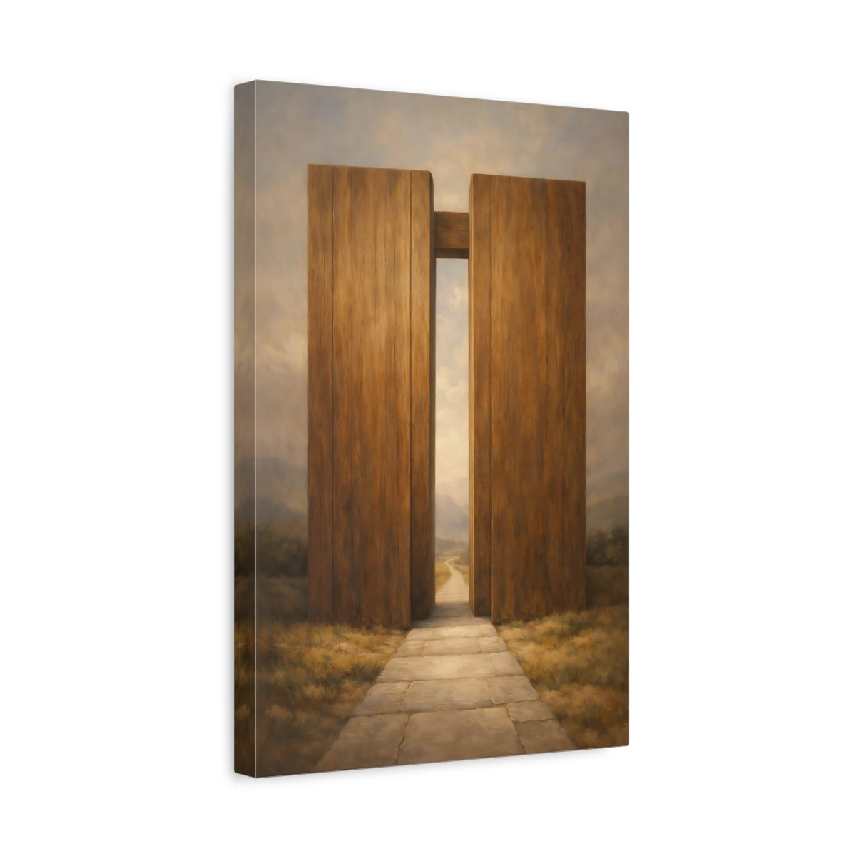 Side Mockup 4. Nature Wooden Gateway Brown And Grey shown as stretched canvas wall art