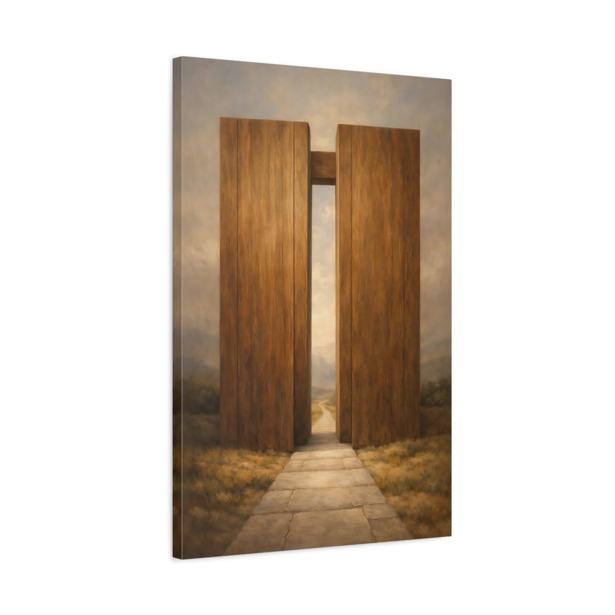 Side Mockup 2. Nature Wooden Gateway Brown And Grey shown as stretched canvas wall art