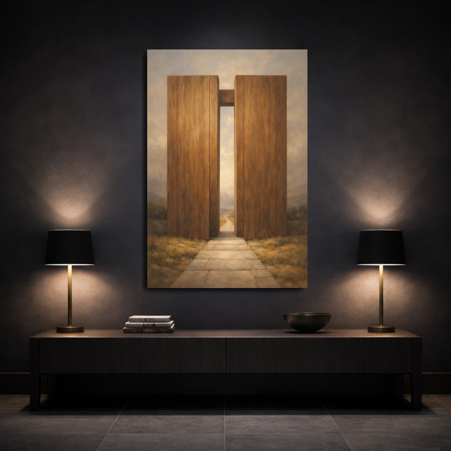 Mockup 2. Nature Wooden Gateway Brown And Grey shown as stretched canvas wall art