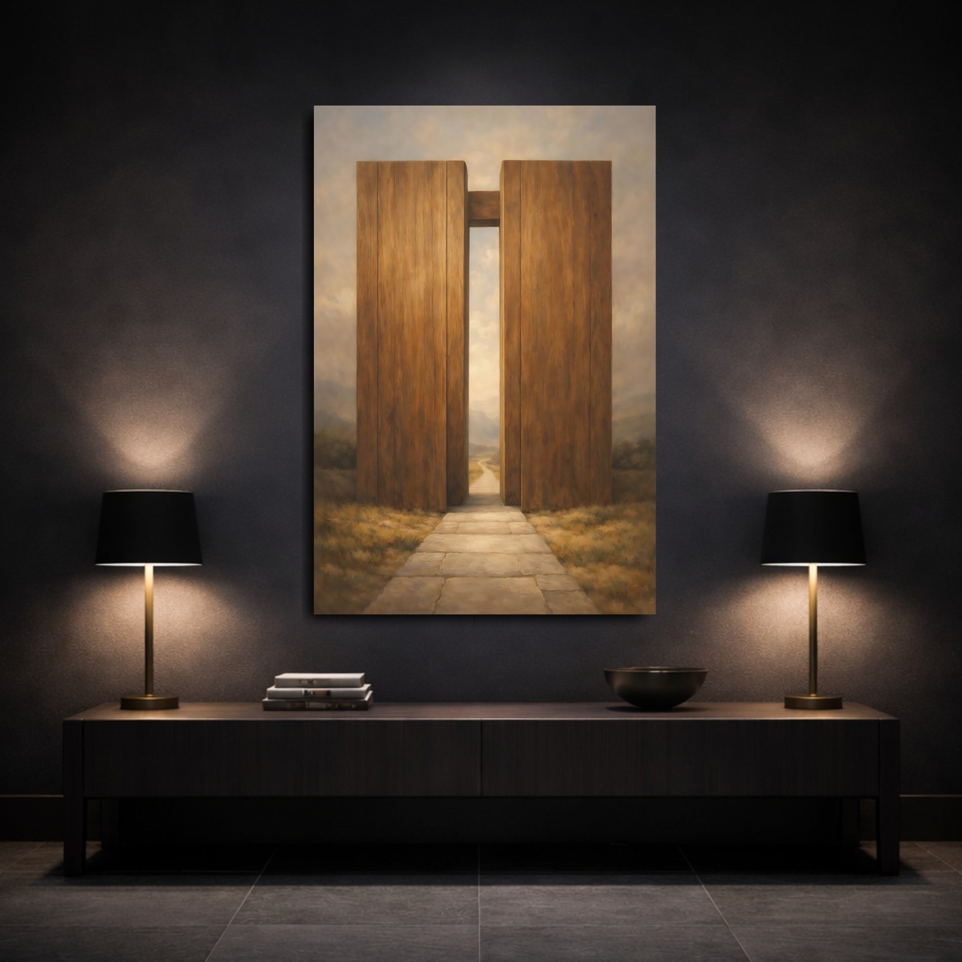 Mockup 2. Nature Wooden Gateway Brown And Grey shown as stretched canvas wall art