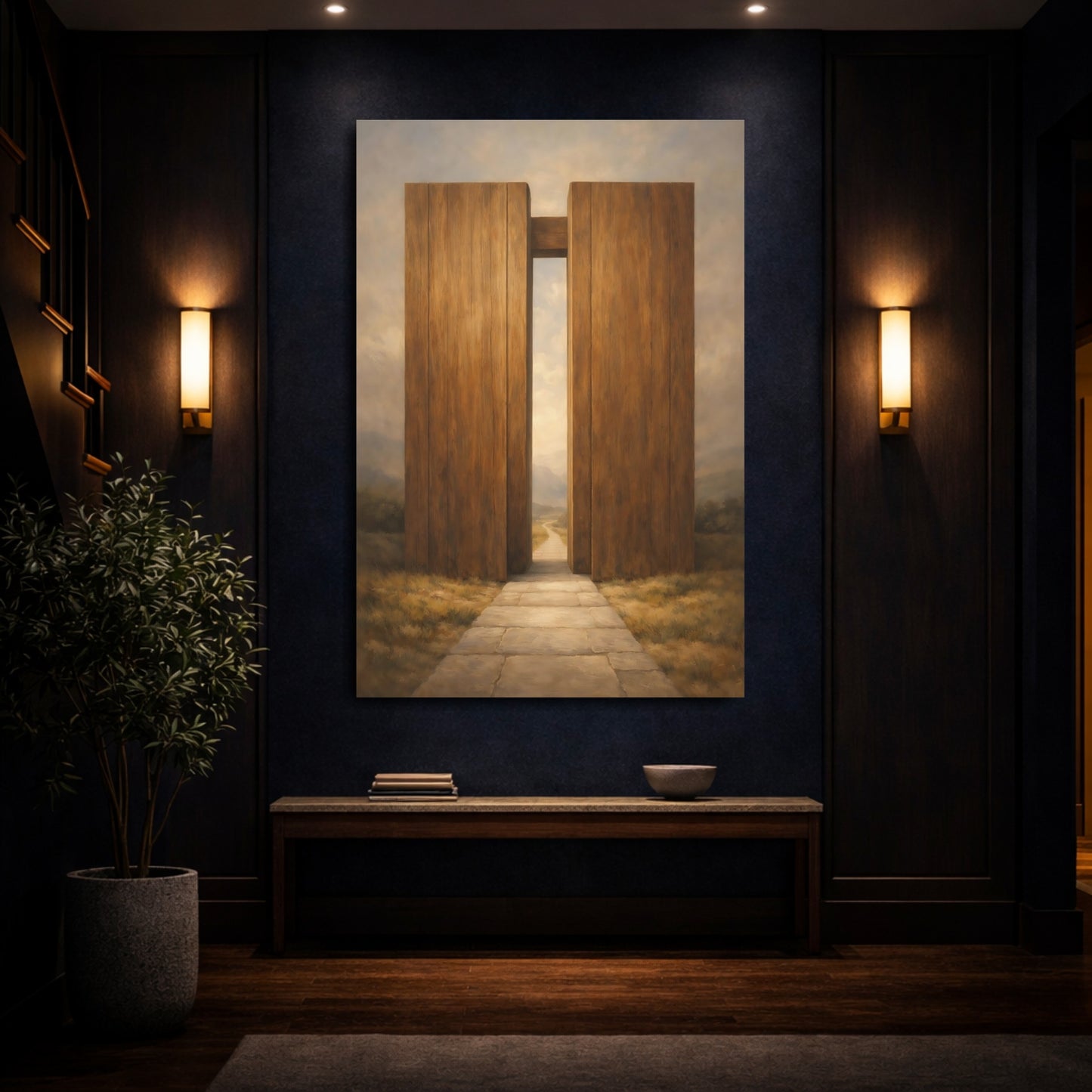 Mockup 3. Nature Wooden Gateway Brown And Grey shown as stretched canvas wall art
