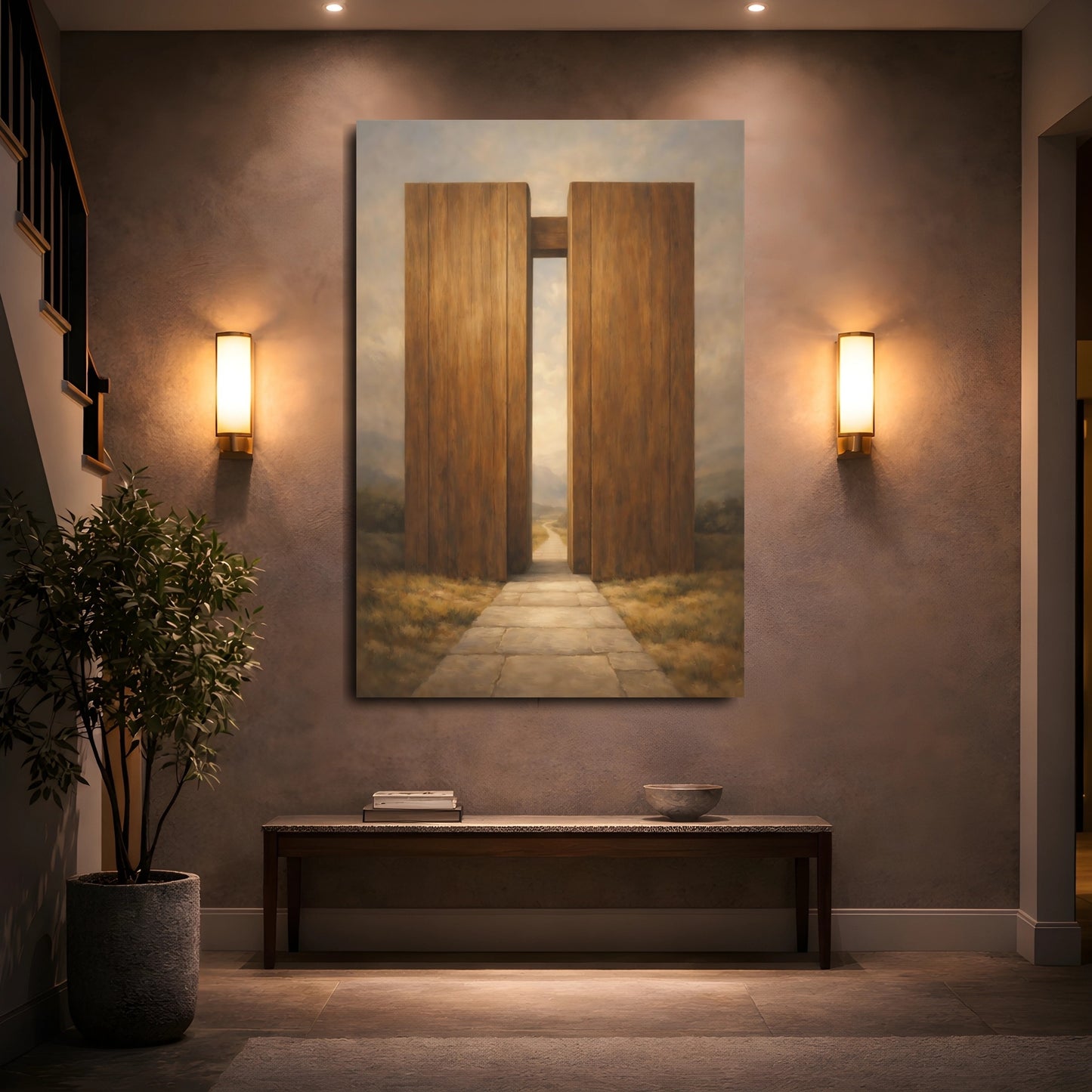 Mockup 4. Nature Wooden Gateway Brown And Grey shown as stretched canvas wall art