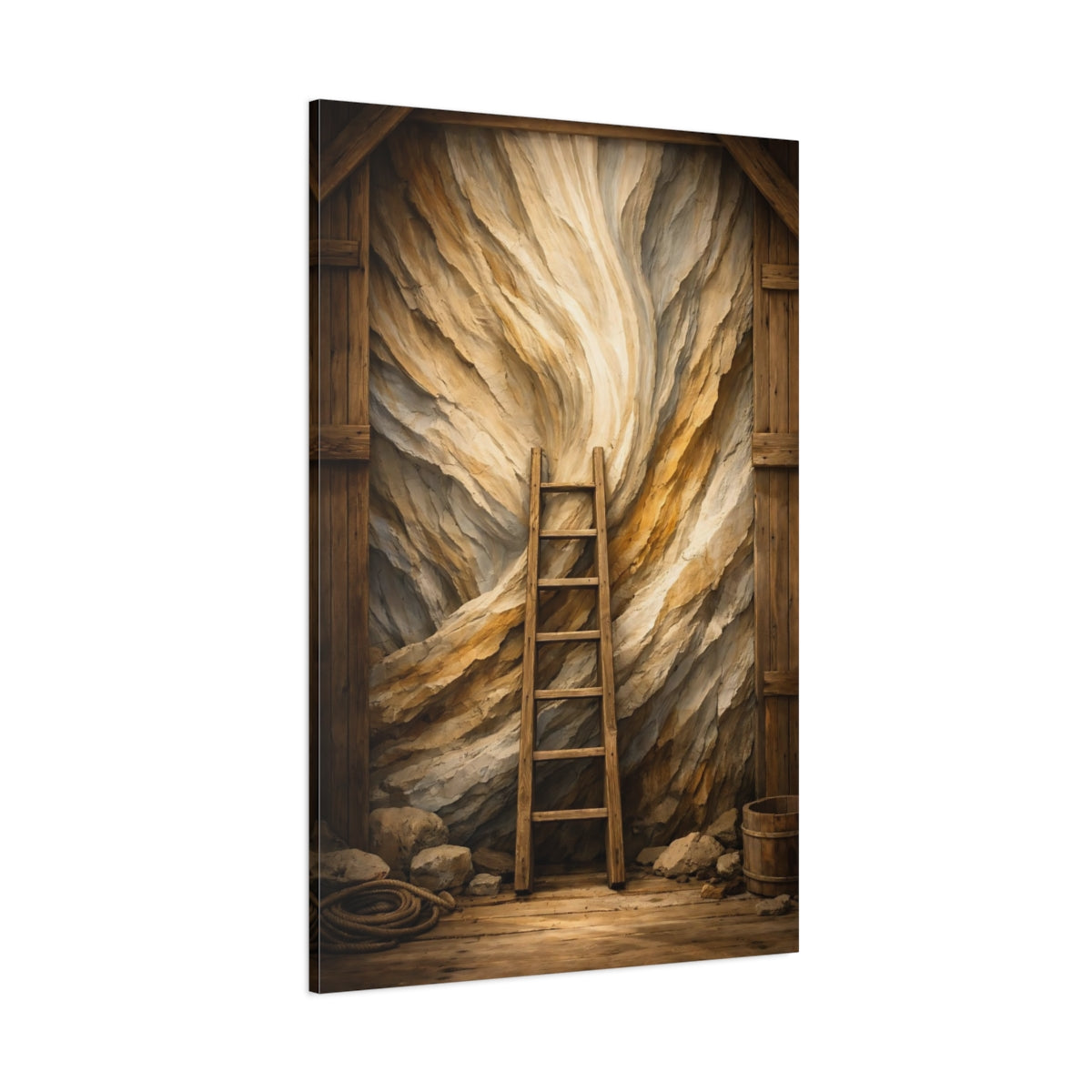 Main Mockup. Nature Wooden Ladder Brown And Beige shown as stretched canvas wall art
