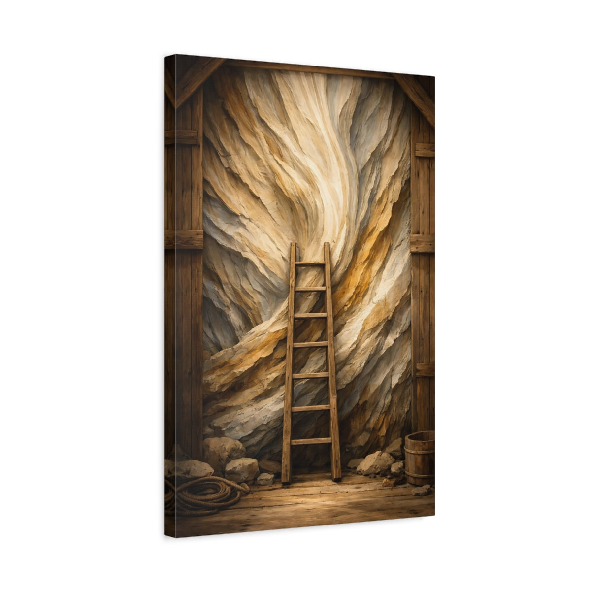 Side Mockup 3. Nature Wooden Ladder Brown And Beige shown as stretched canvas wall art