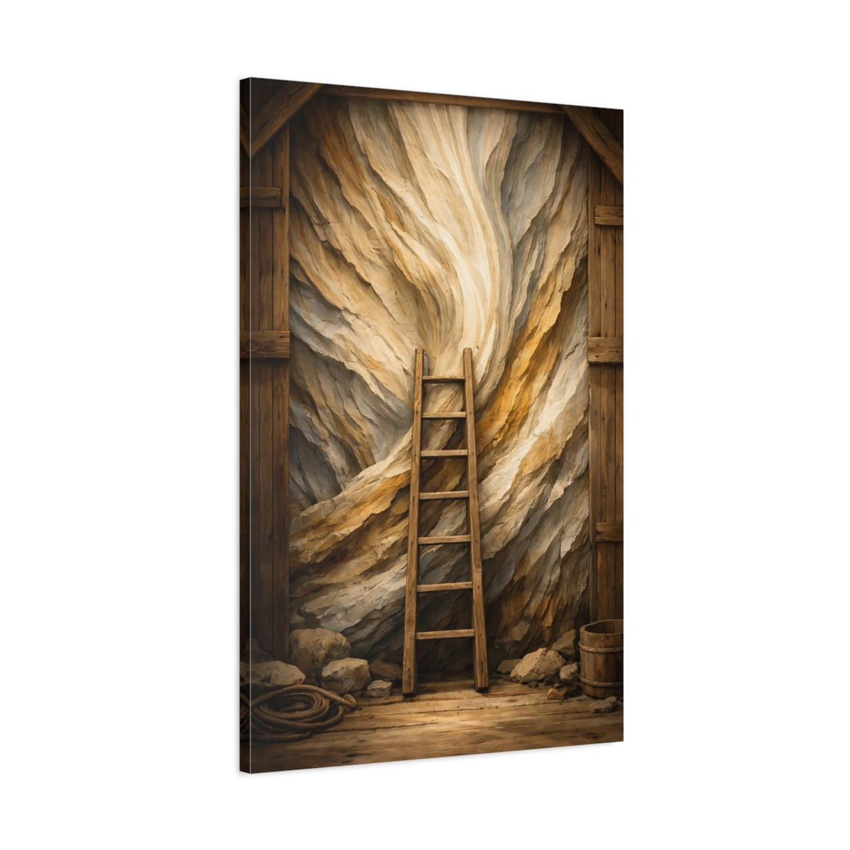 Side Mockup 1. Nature Wooden Ladder Brown And Beige shown as stretched canvas wall art