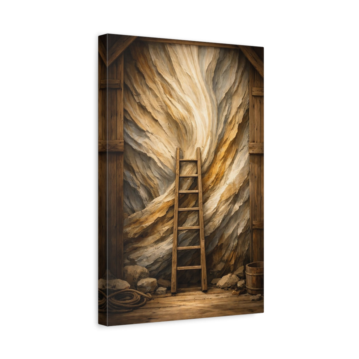 Side Mockup 4. Nature Wooden Ladder Brown And Beige shown as stretched canvas wall art