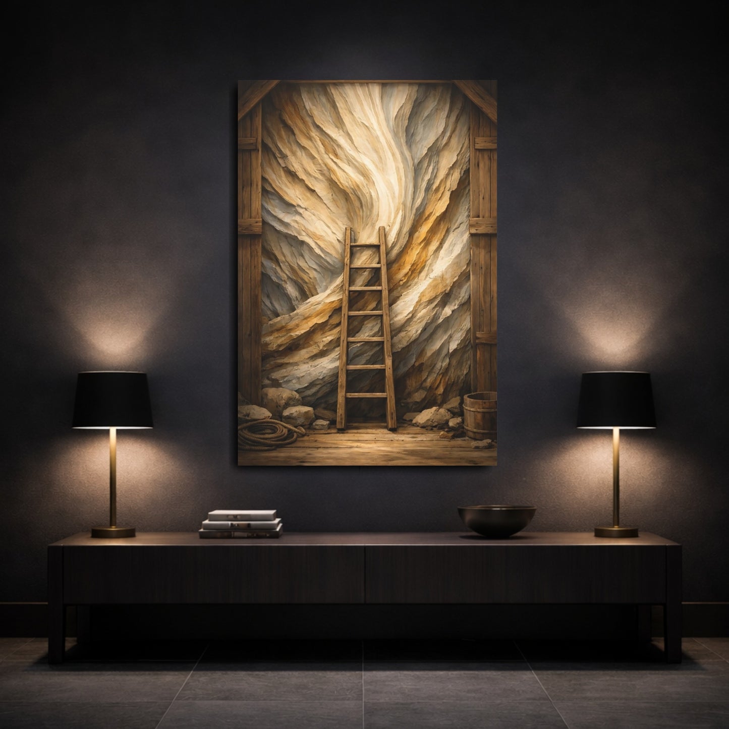 Mockup 2. Nature Wooden Ladder Brown And Beige shown as stretched canvas wall art