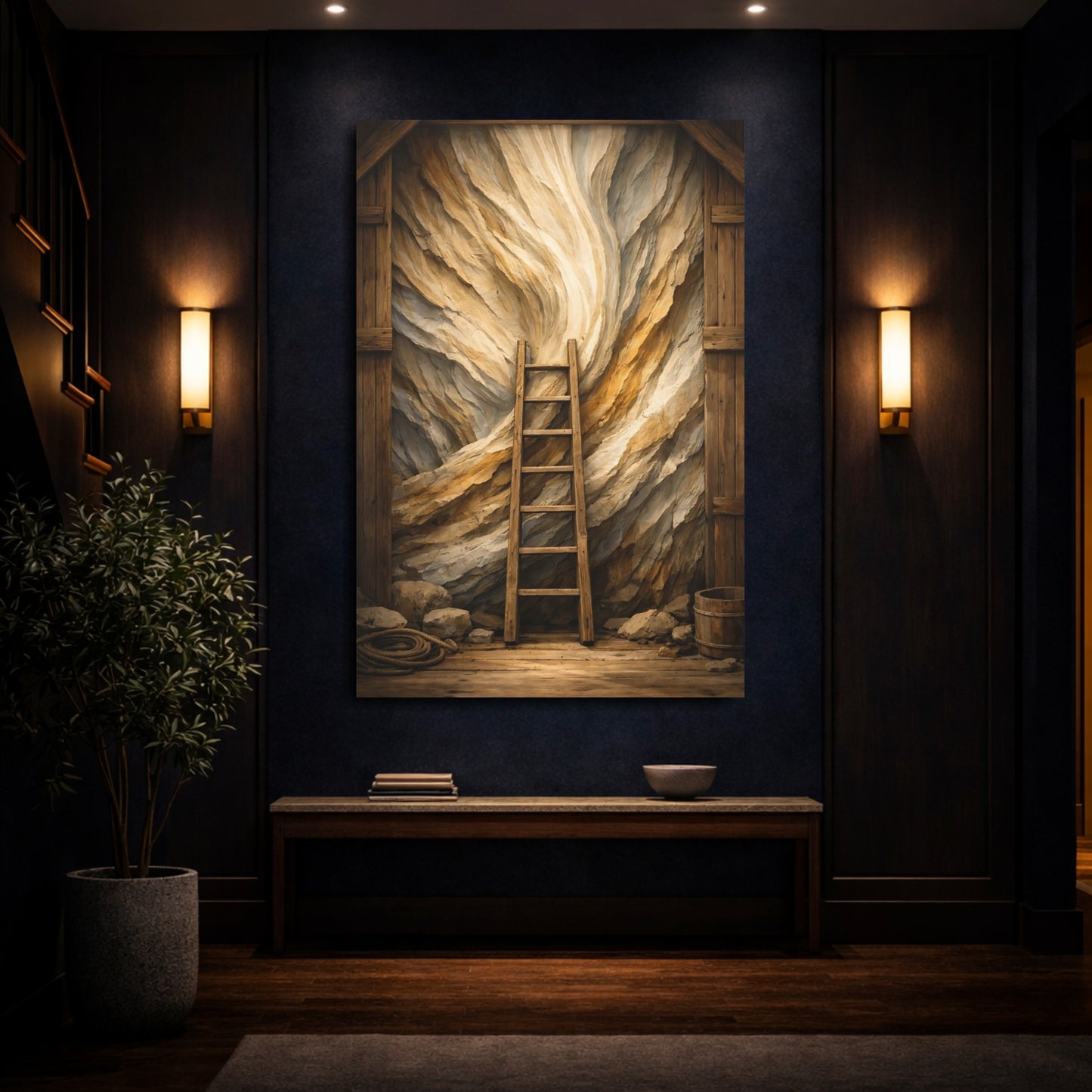 Mockup 3. Nature Wooden Ladder Brown And Beige shown as stretched canvas wall art