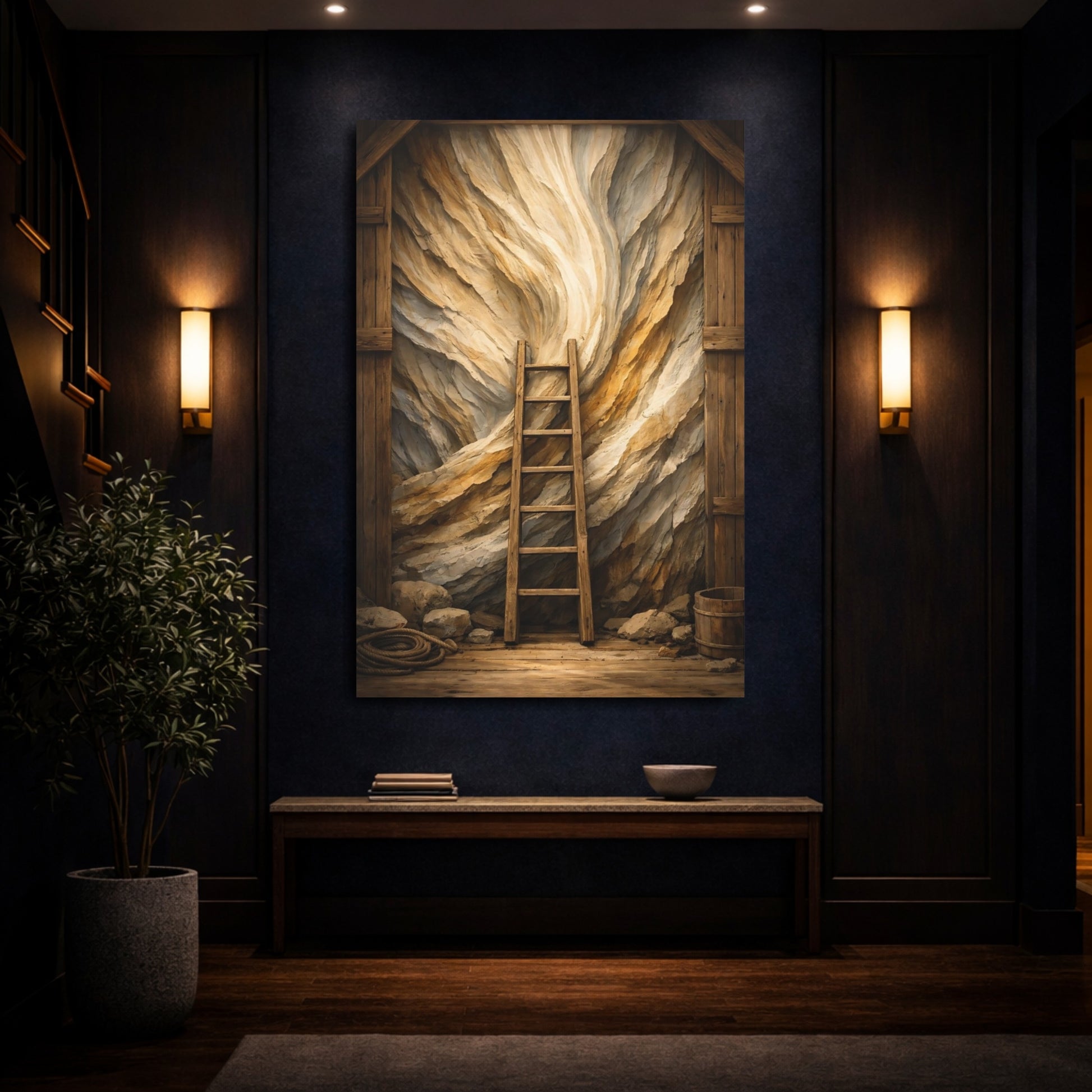Mockup 3. Nature Wooden Ladder Brown And Beige shown as stretched canvas wall art
