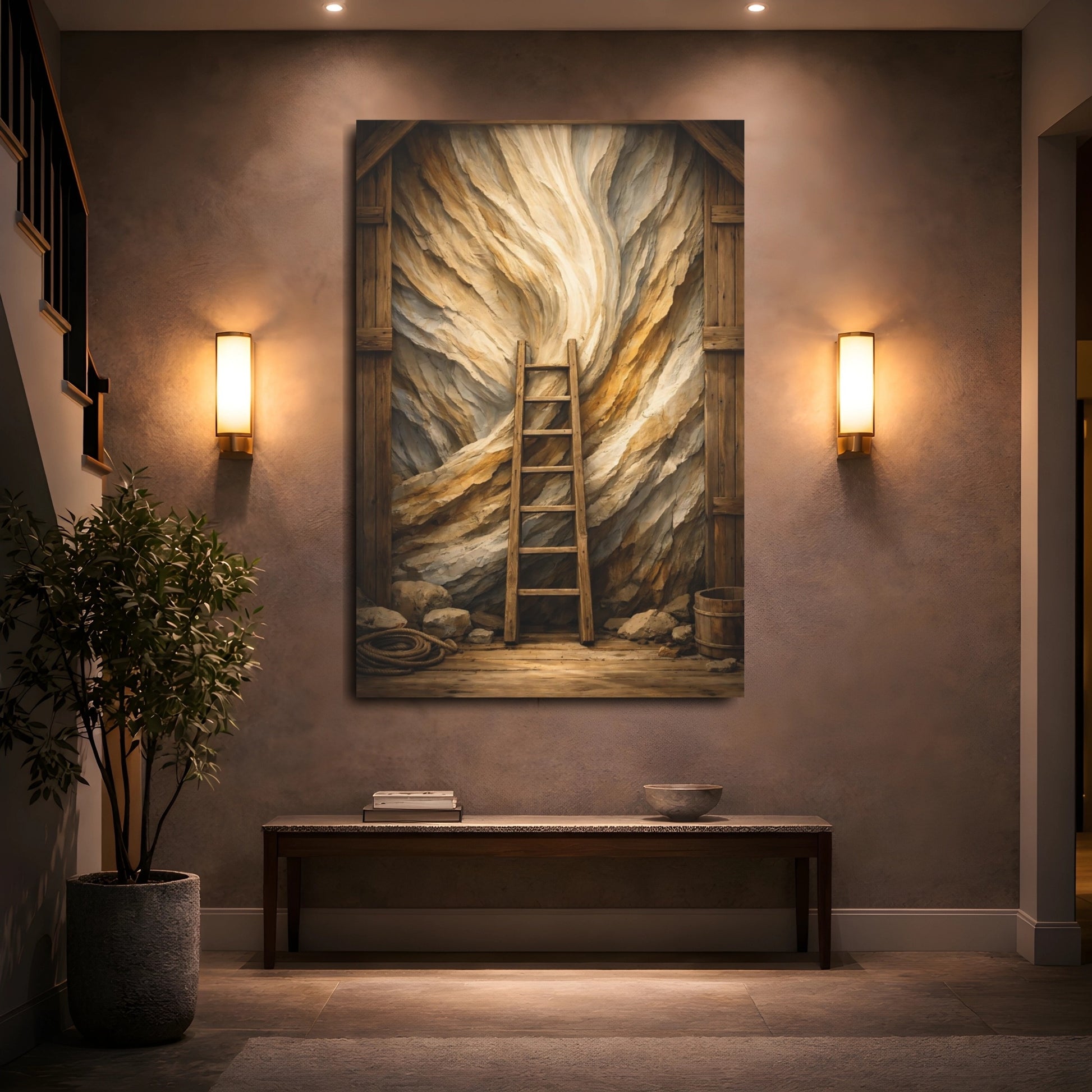 Mockup 4. Nature Wooden Ladder Brown And Beige shown as stretched canvas wall art