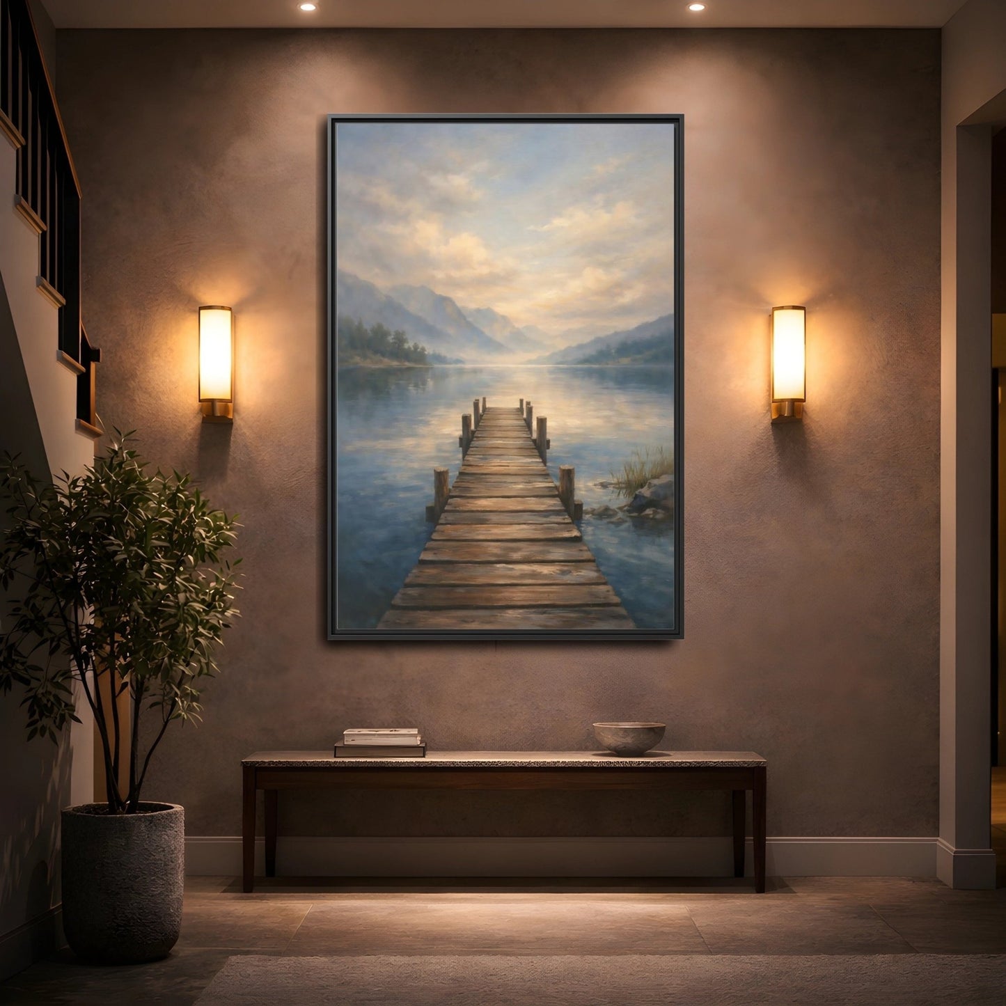 Nature Wooden Pier Misty - Framed Canvas Wall Art Print - YesArtYes