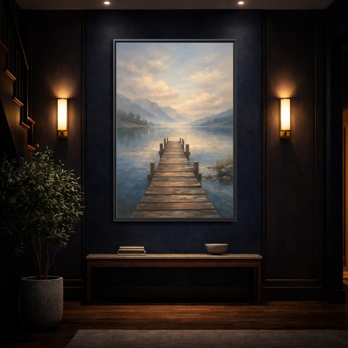 Nature Wooden Pier Misty - Framed Canvas Wall Art Print - YesArtYes