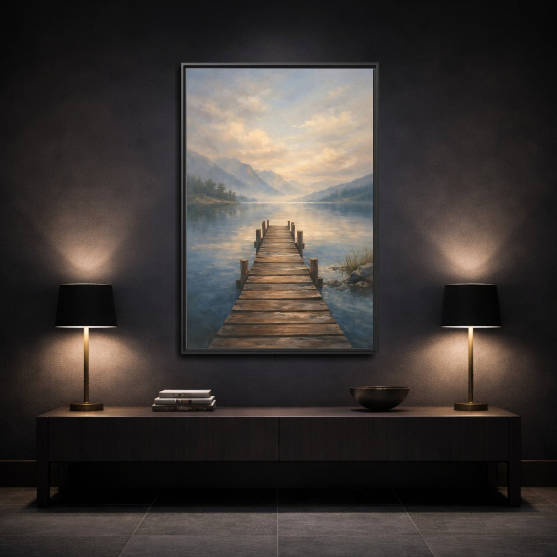 Nature Wooden Pier Misty - Framed Canvas Wall Art Print - YesArtYes