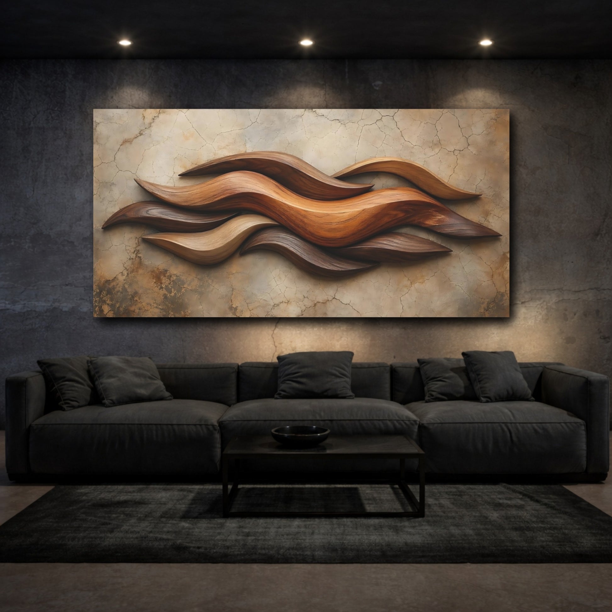 Mockup 2. Nature Wooden Waves Brown Wood Waves shown as stretched canvas wall art