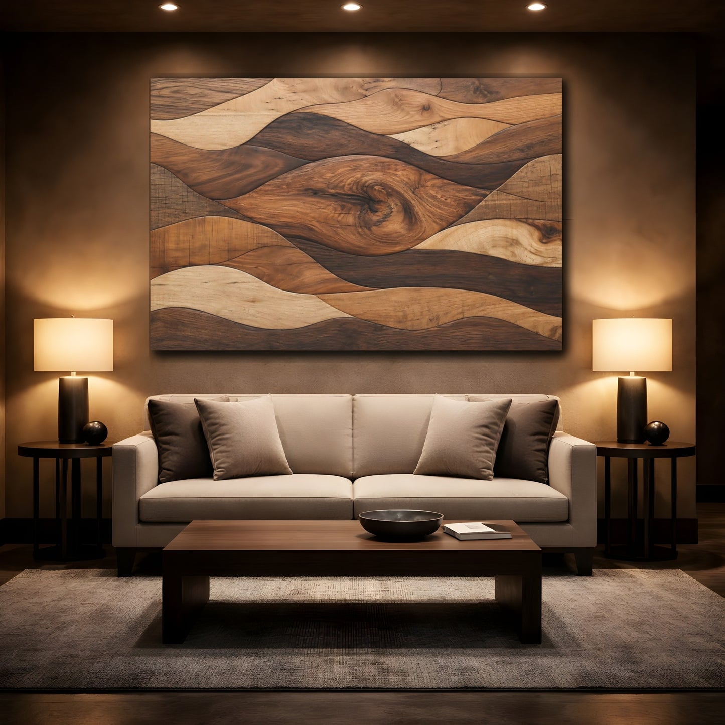 Mockup 2. Nature Wooden Waves Brown Wood Waves shown as stretched canvas wall art