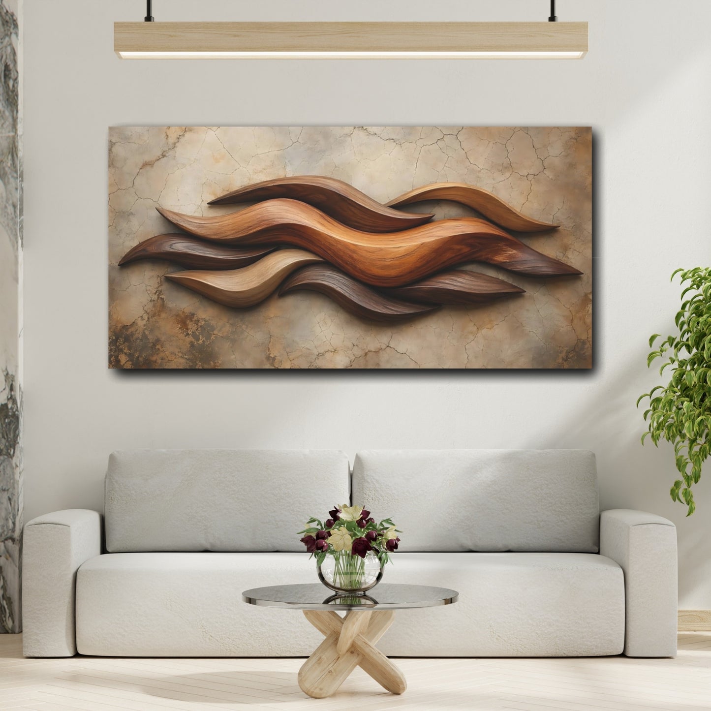 Mockup 3. Nature Wooden Waves Brown Wood Waves shown as stretched canvas wall art