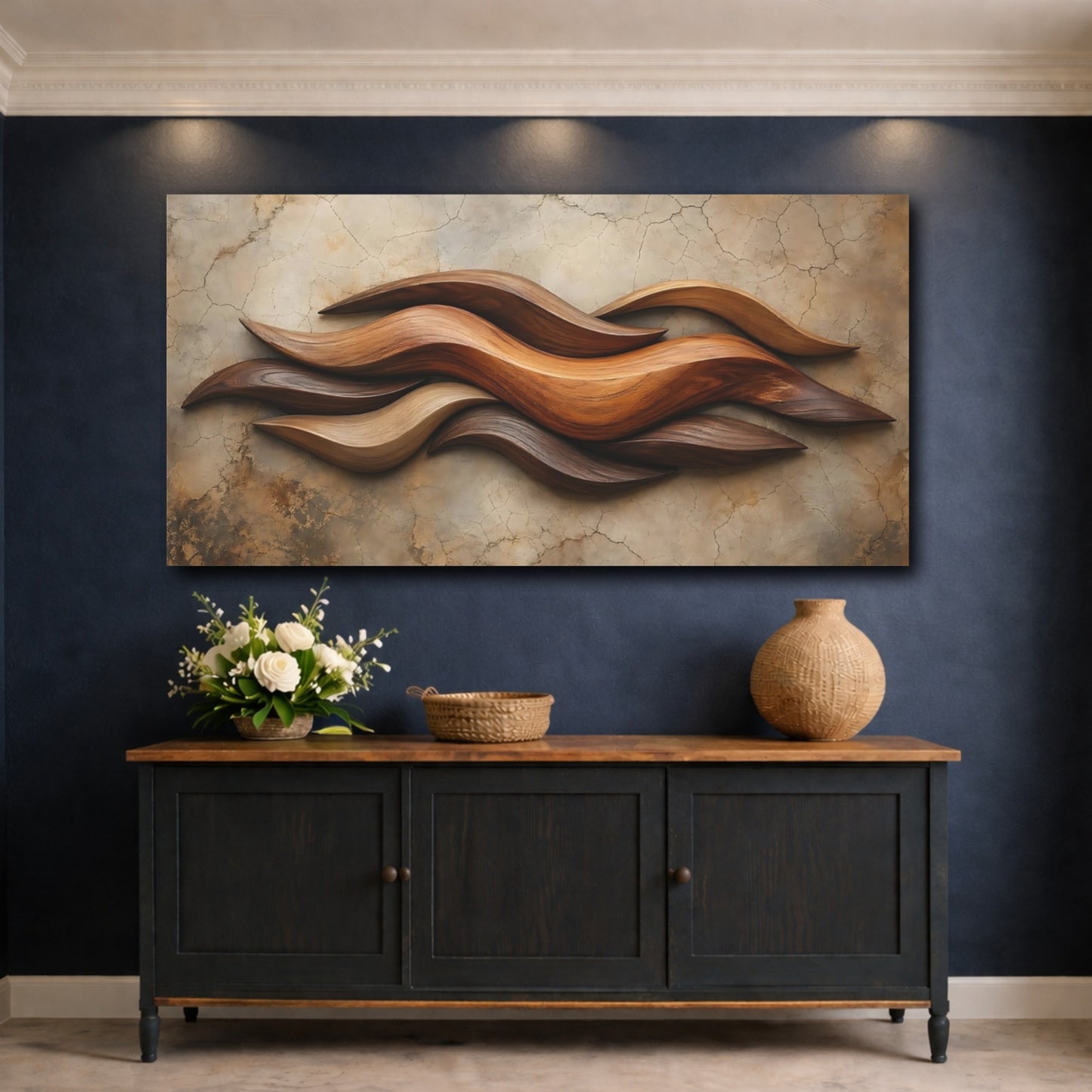 Mockup 4. Nature Wooden Waves Brown Wood Waves shown as stretched canvas wall art