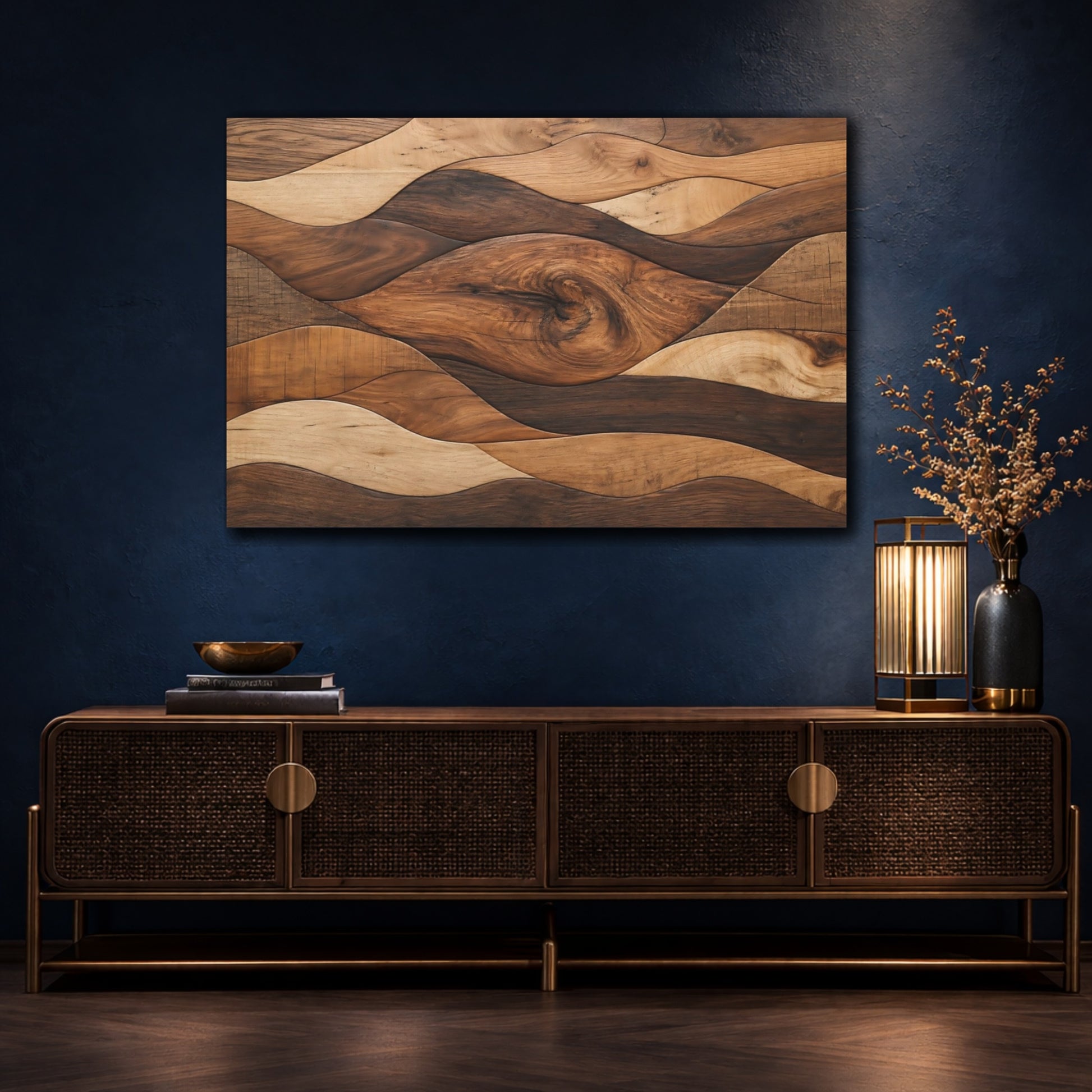 Mockup 4. Nature Wooden Waves Brown Wood Waves shown as stretched canvas wall art