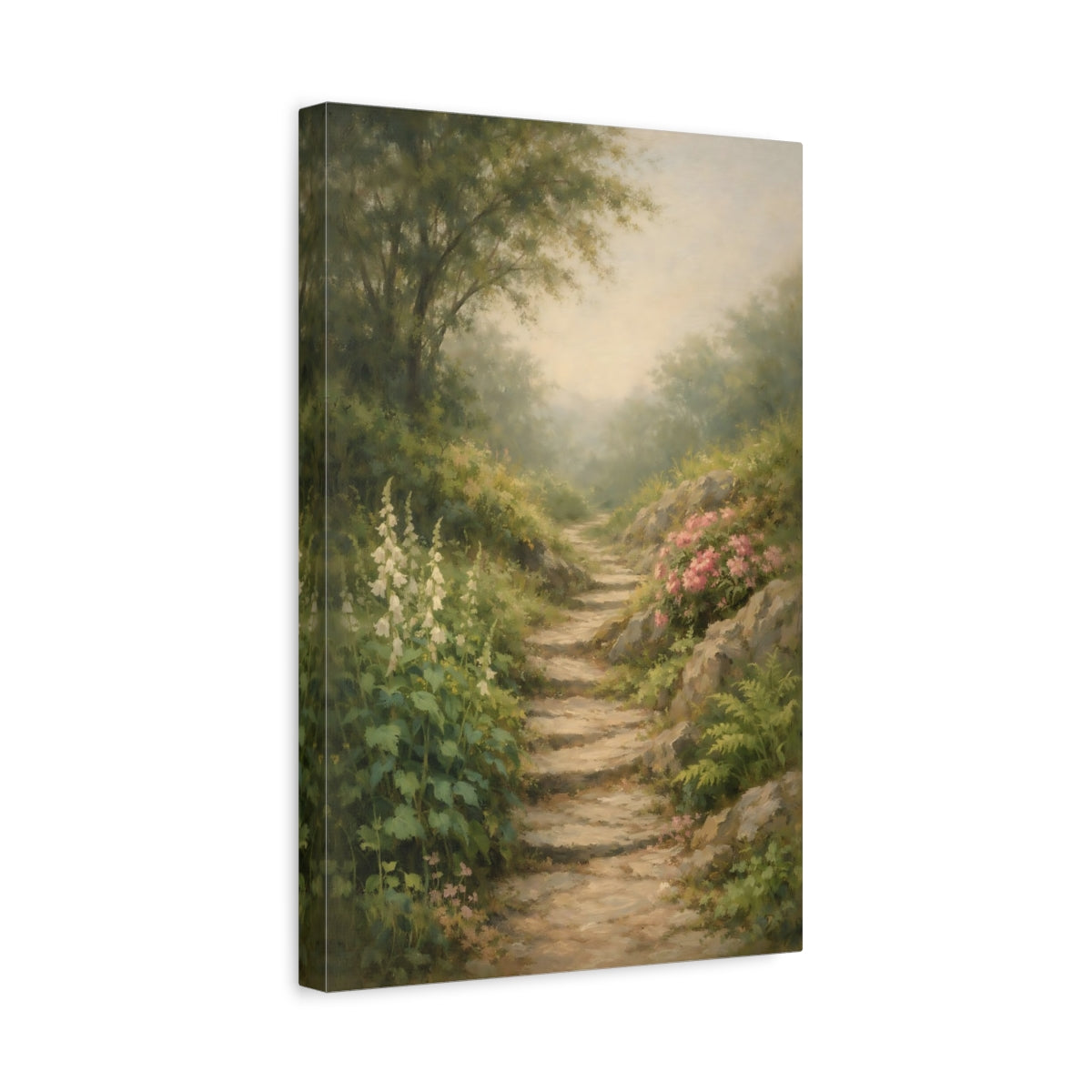 Side Mockup 4. Nature Woodland Path Misty Woodland Path shown as stretched canvas wall art