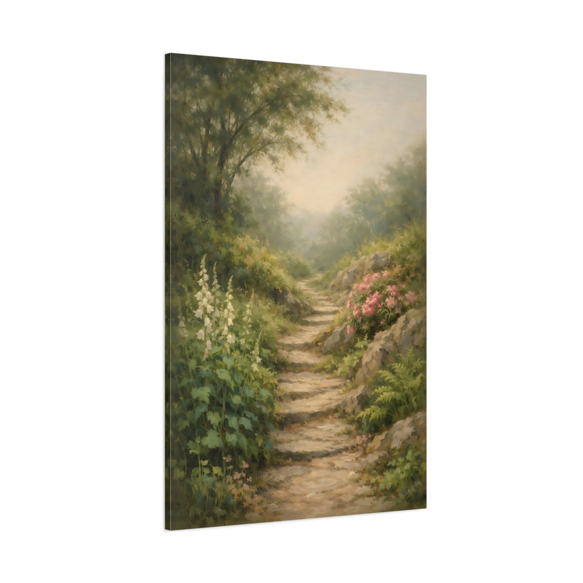 Main Mockup. Nature Woodland Path Misty Woodland Path shown as stretched canvas wall art