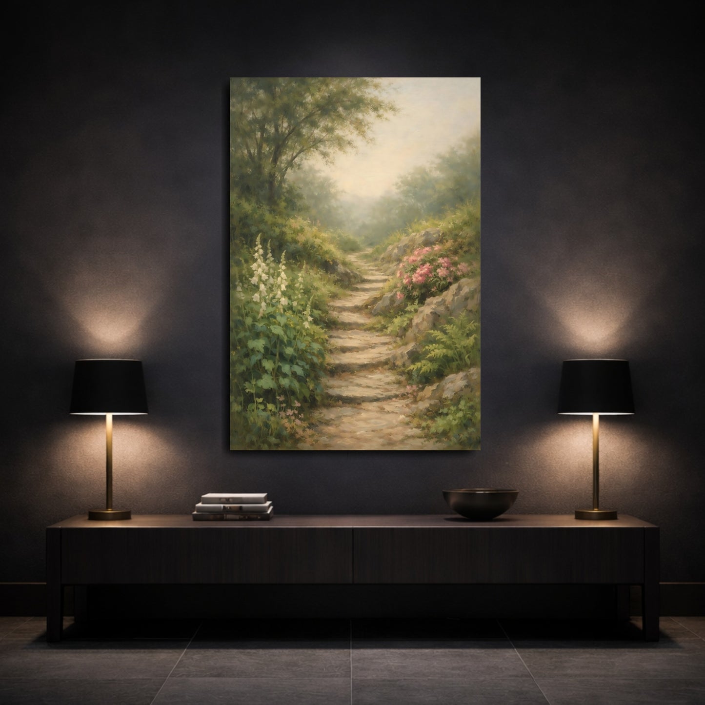 Mockup 2. Nature Woodland Path Misty Woodland Path shown as stretched canvas wall art