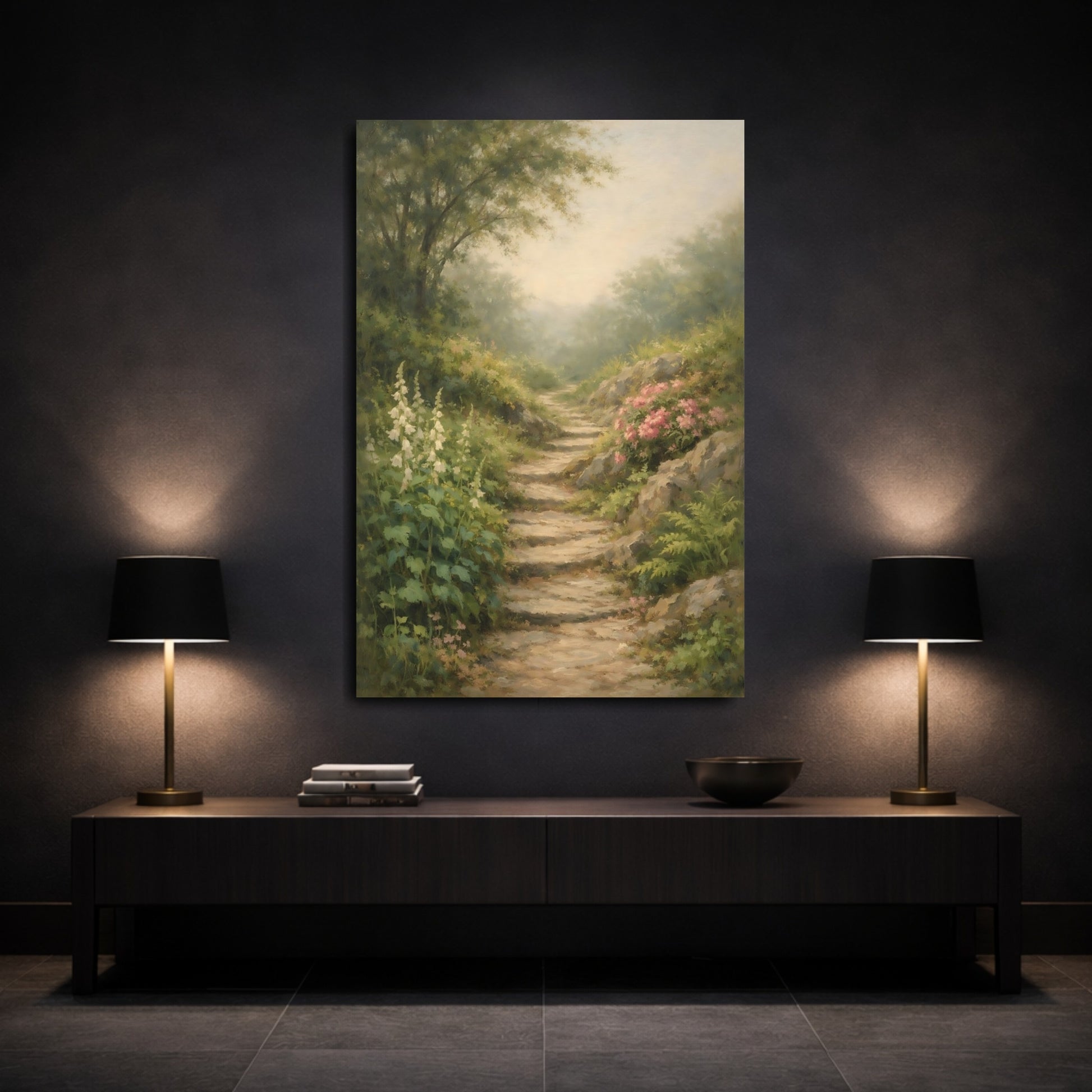 Mockup 2. Nature Woodland Path Misty Woodland Path shown as stretched canvas wall art