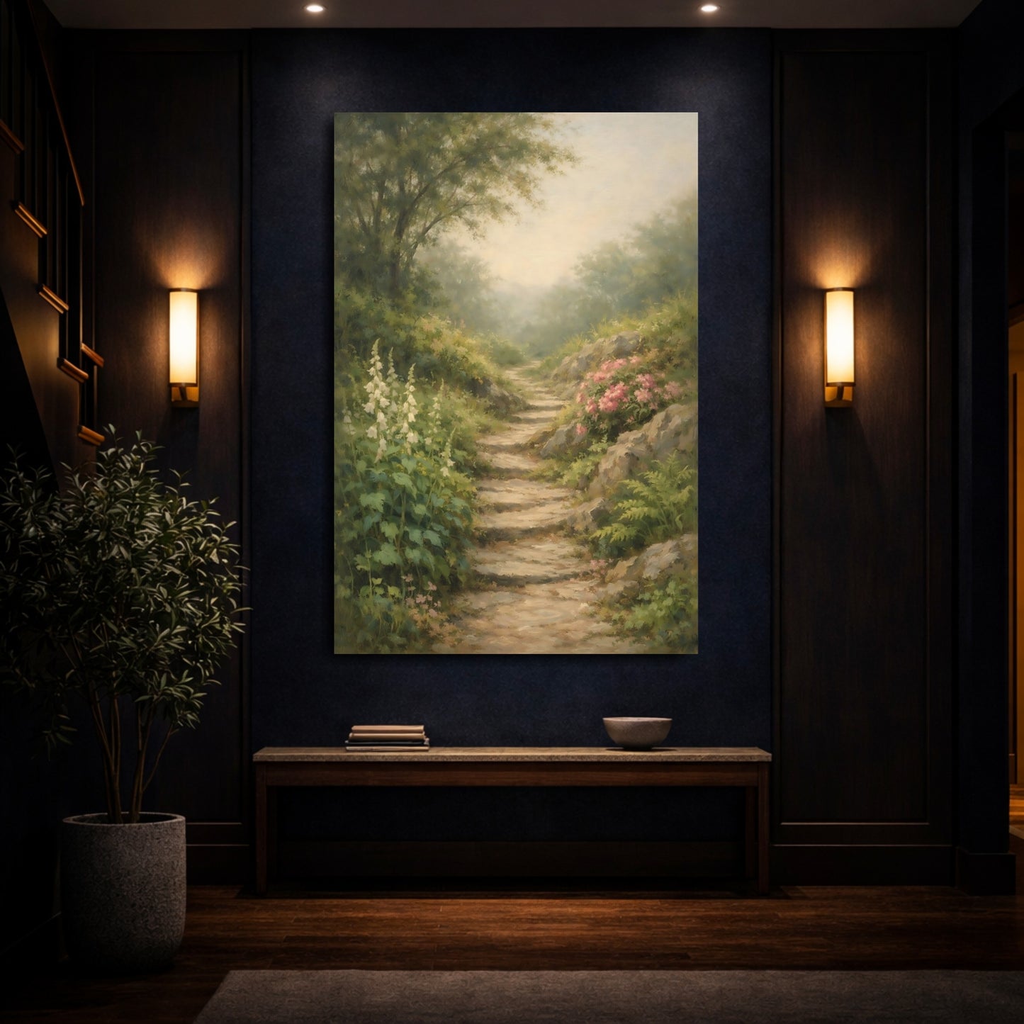 Mockup 3. Nature Woodland Path Misty Woodland Path shown as stretched canvas wall art