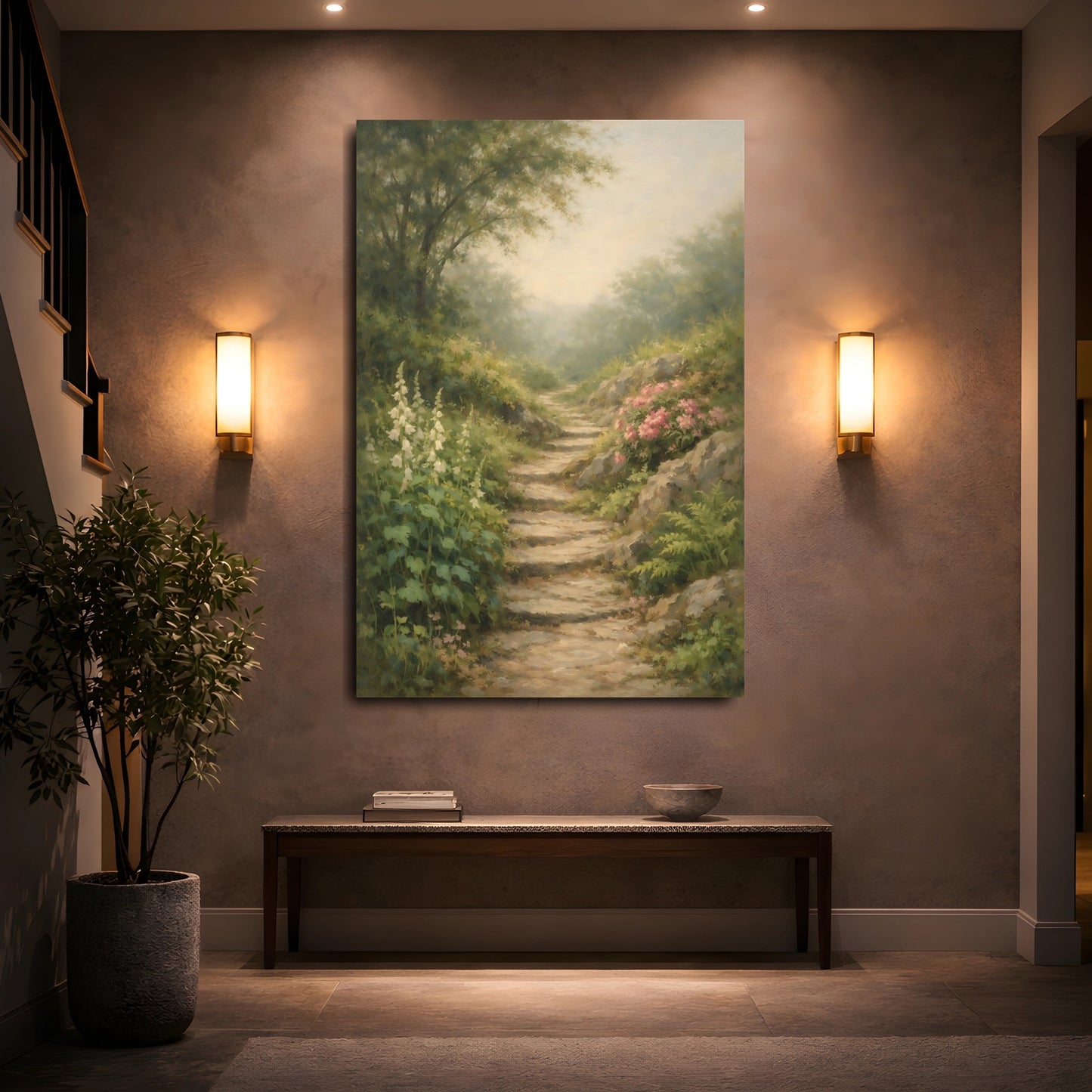 Mockup 4. Nature Woodland Path Misty Woodland Path shown as stretched canvas wall art