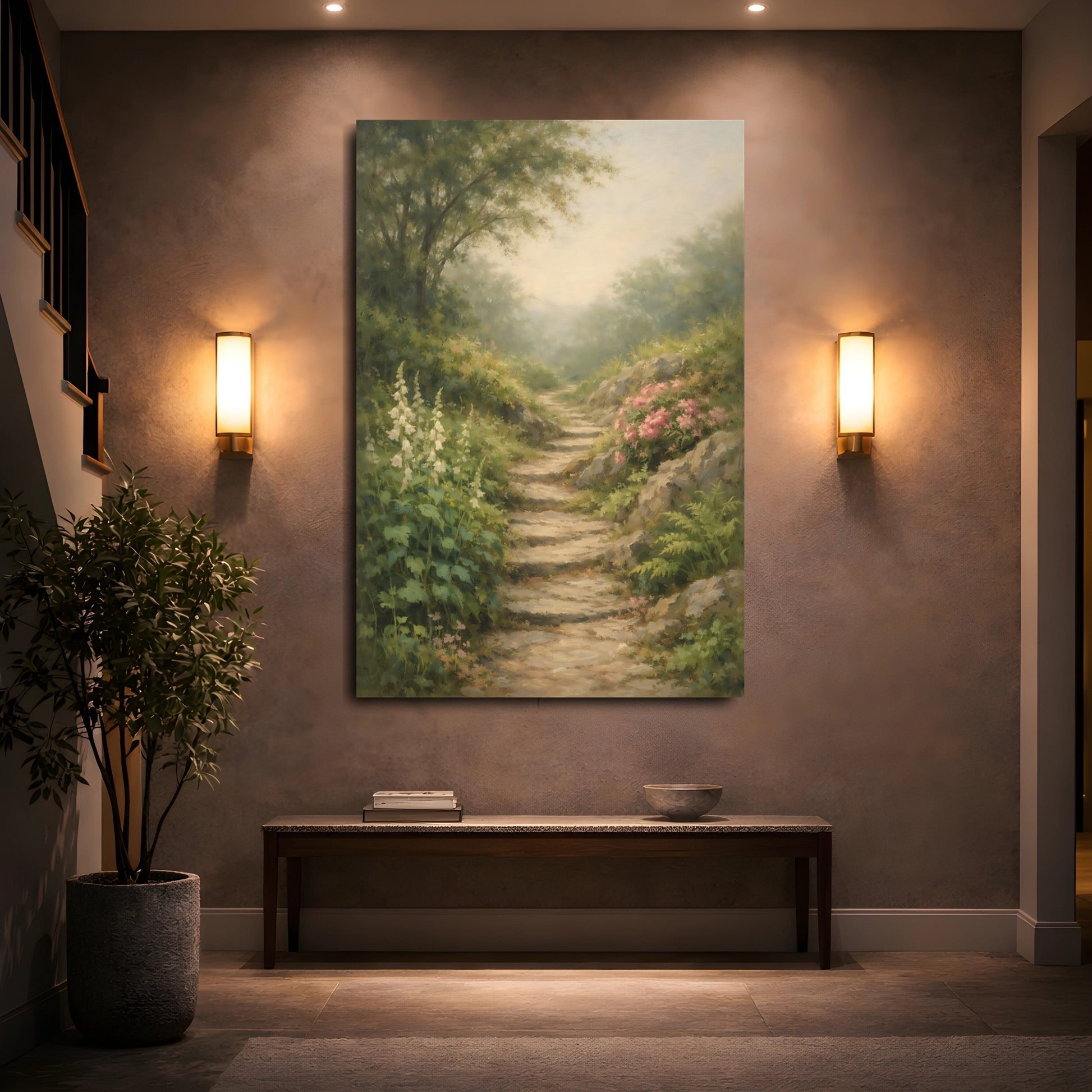 Mockup 4. Nature Woodland Path Misty Woodland Path shown as stretched canvas wall art