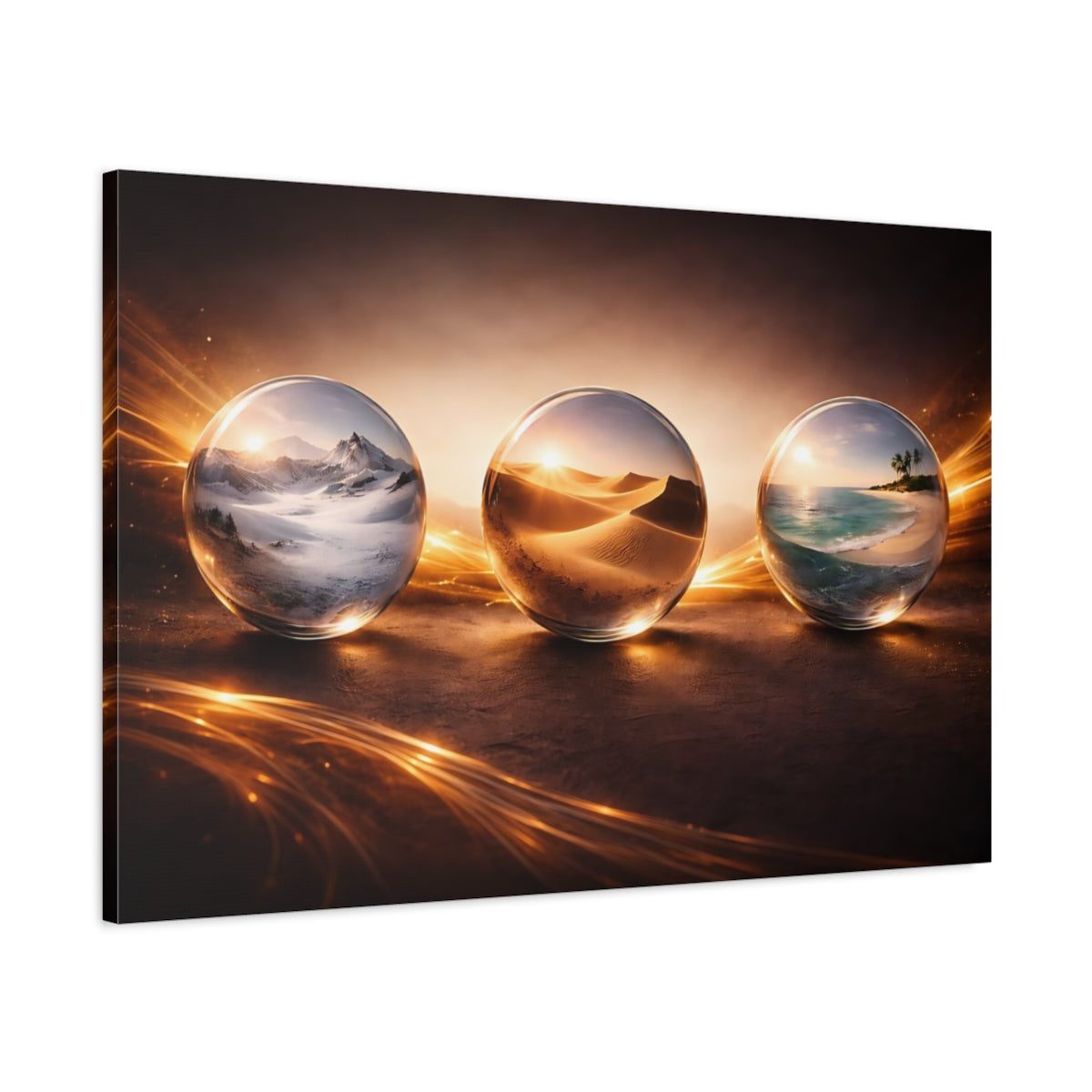 Main Mockup. Nature World Spheres Golden Glow shown as stretched canvas wall art