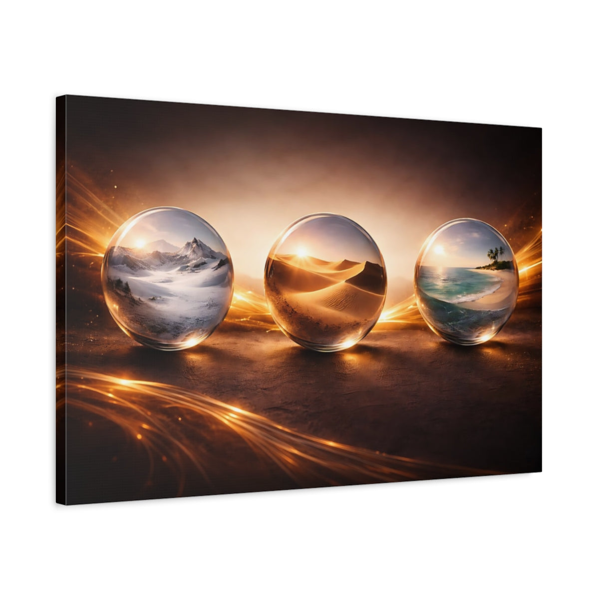 Side Mockup 2. Nature World Spheres Golden Glow shown as stretched canvas wall art