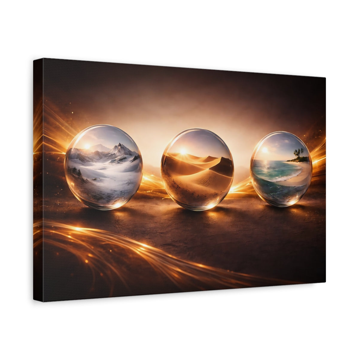 Side Mockup 4. Nature World Spheres Golden Glow shown as stretched canvas wall art