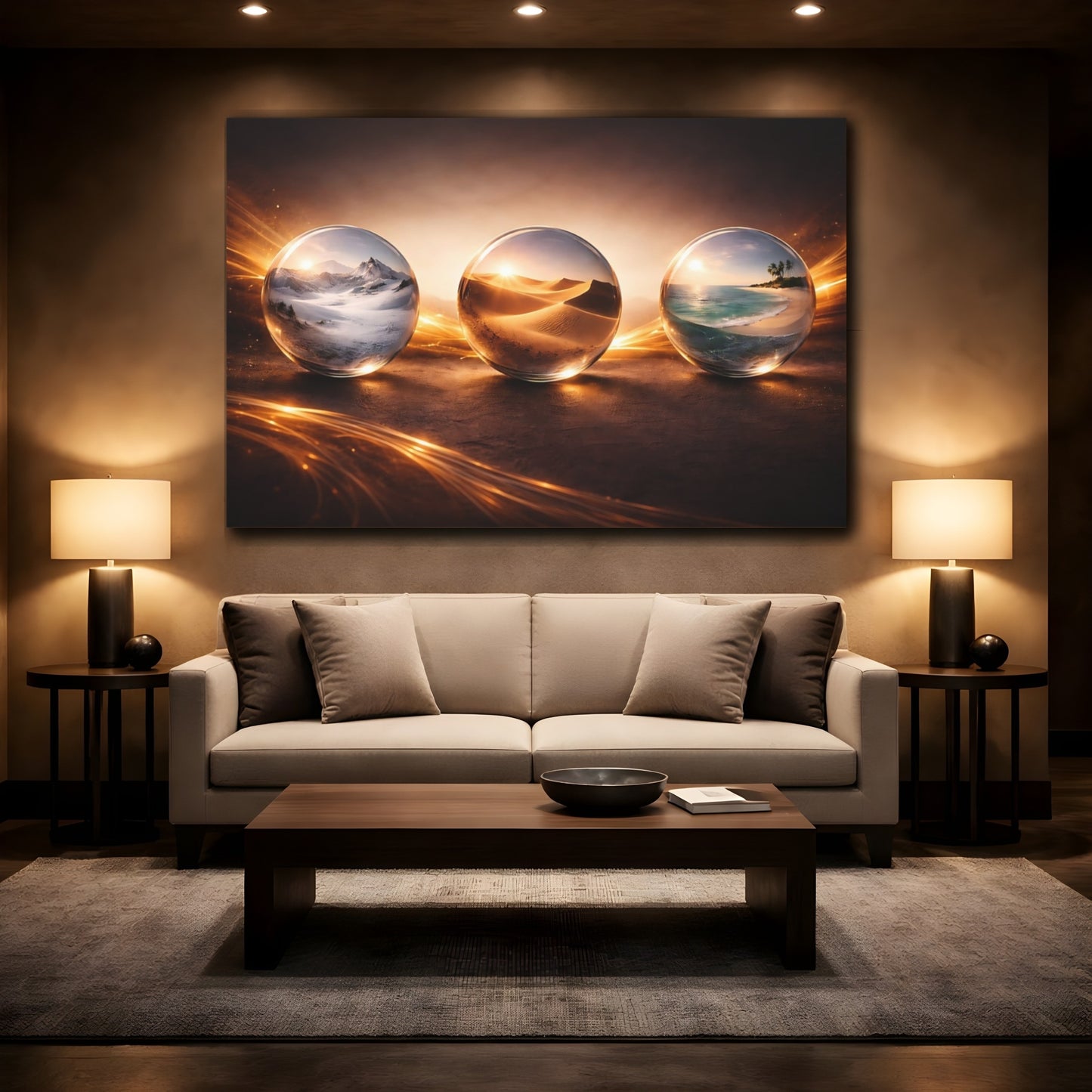 Mockup 2. Nature World Spheres Golden Glow shown as stretched canvas wall art