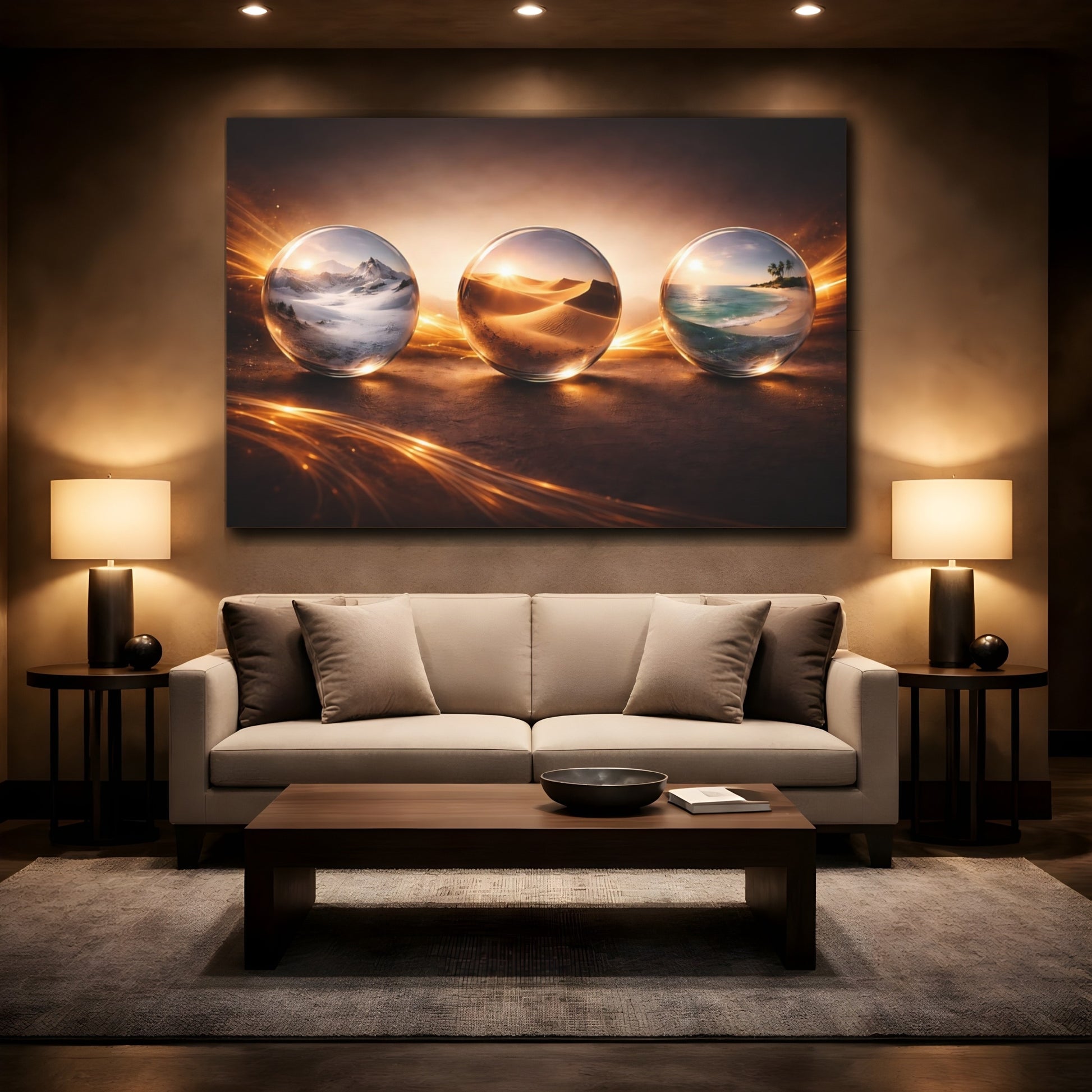 Mockup 2. Nature World Spheres Golden Glow shown as stretched canvas wall art