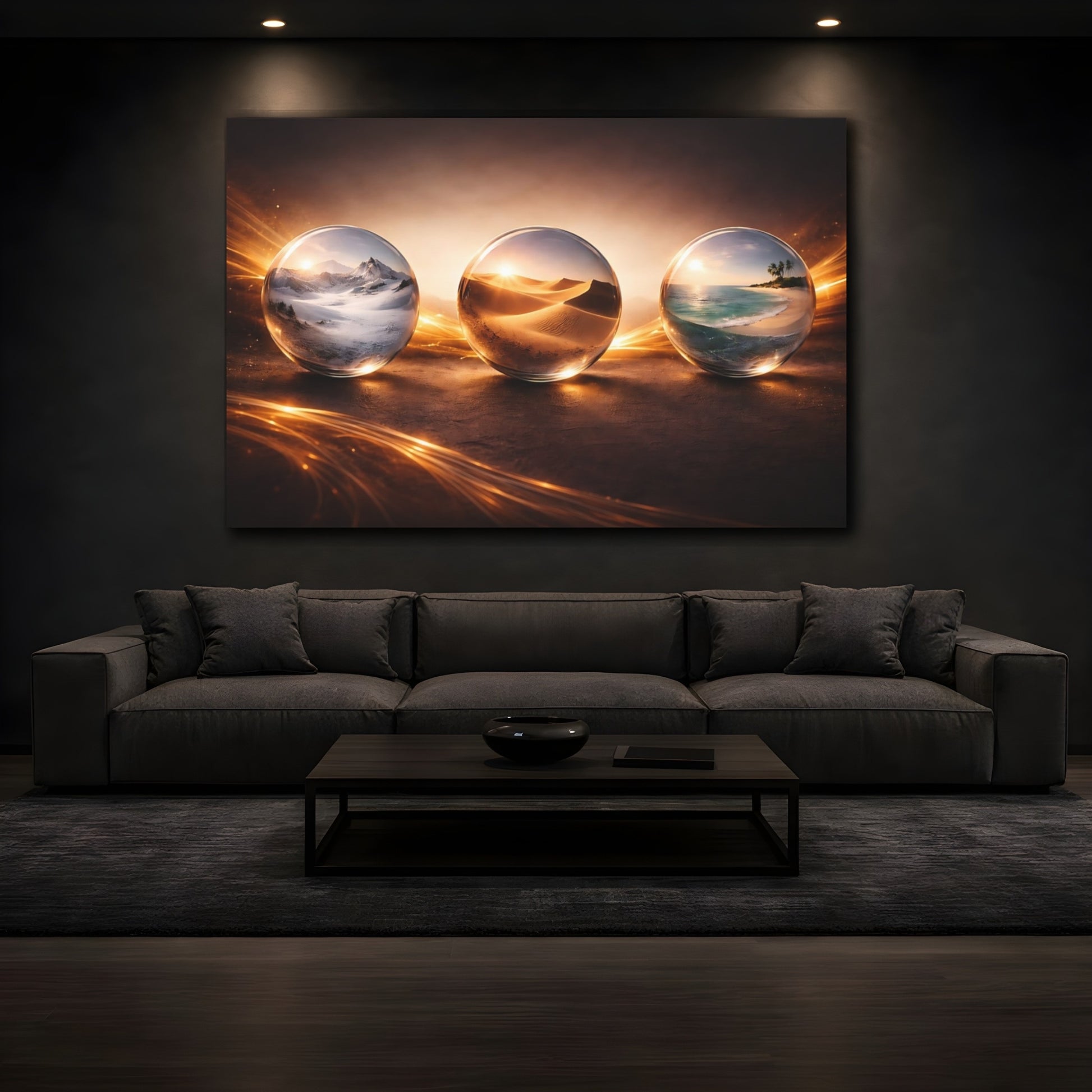 Mockup 3. Nature World Spheres Golden Glow shown as stretched canvas wall art