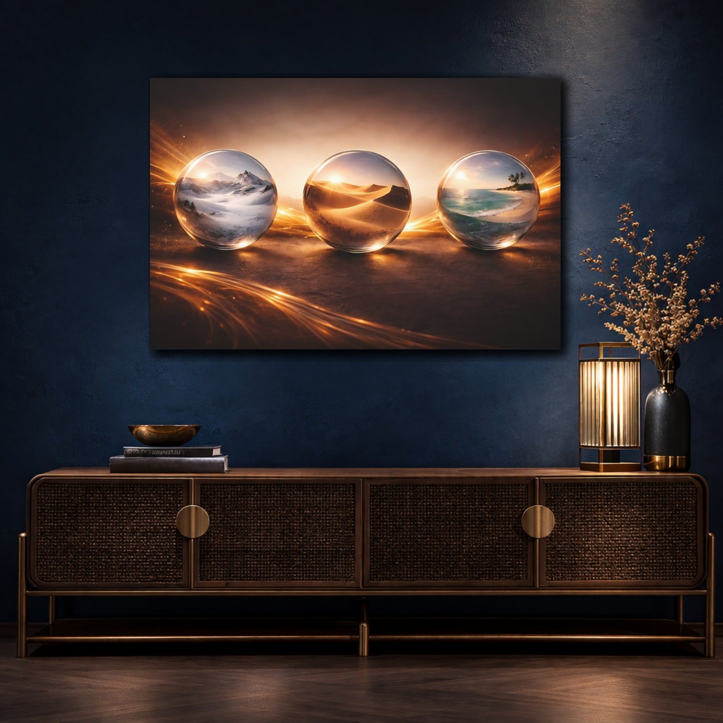Mockup 4. Nature World Spheres Golden Glow shown as stretched canvas wall art