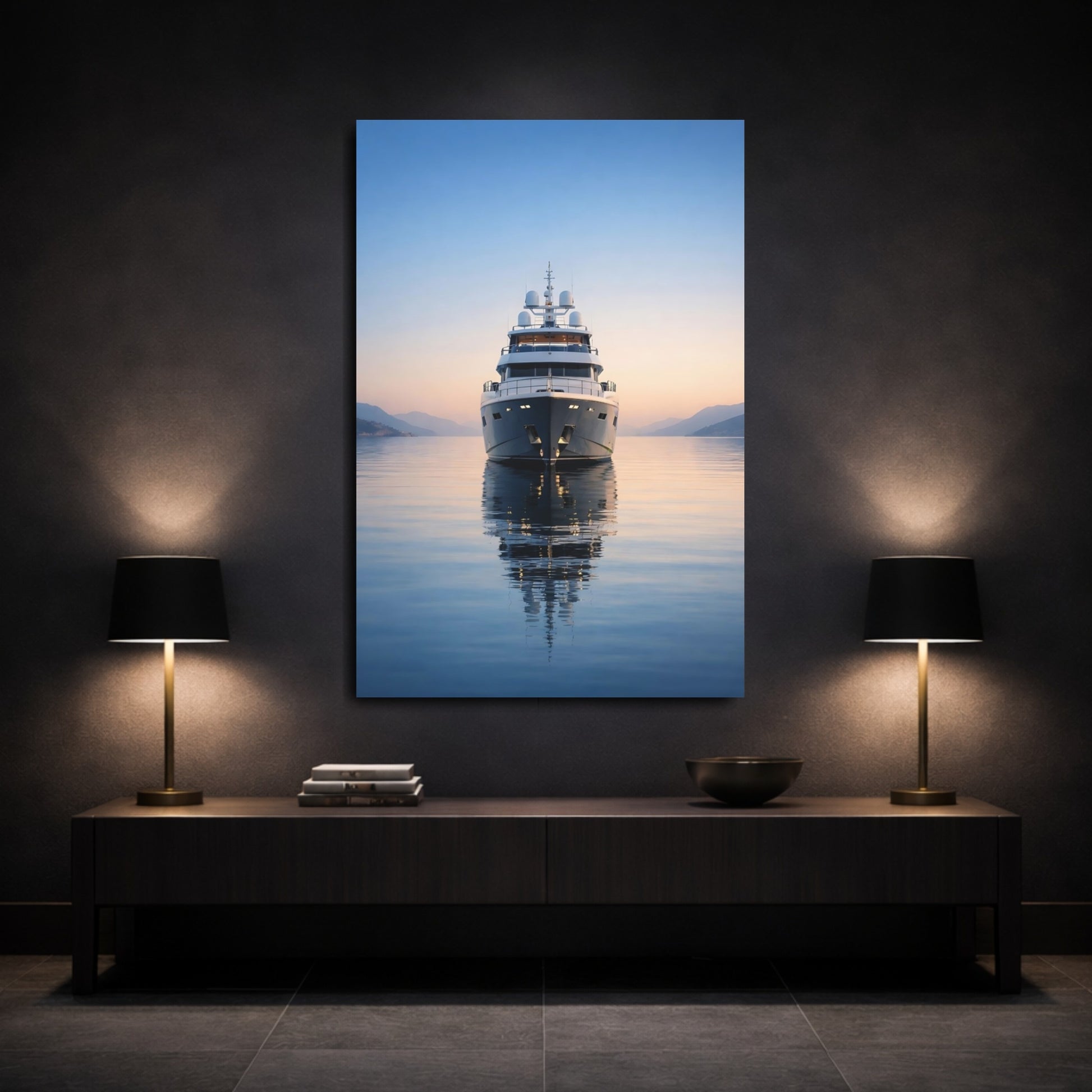 Mockup 2. Nature Yacht Blue And Orange shown as stretched canvas wall art