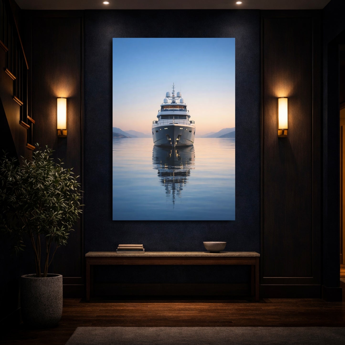 Mockup 3. Nature Yacht Blue And Orange shown as stretched canvas wall art