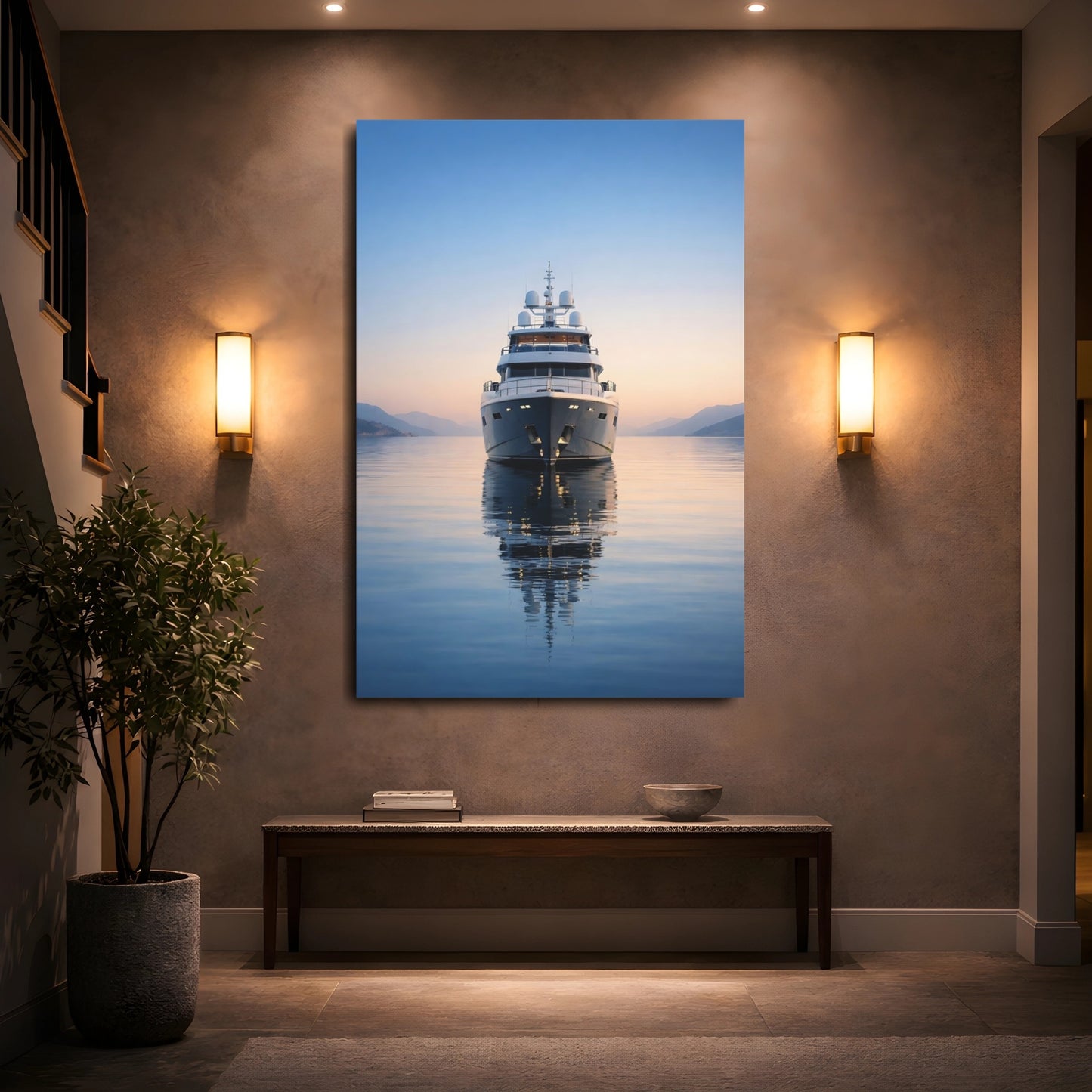 Mockup 4. Nature Yacht Blue And Orange shown as stretched canvas wall art