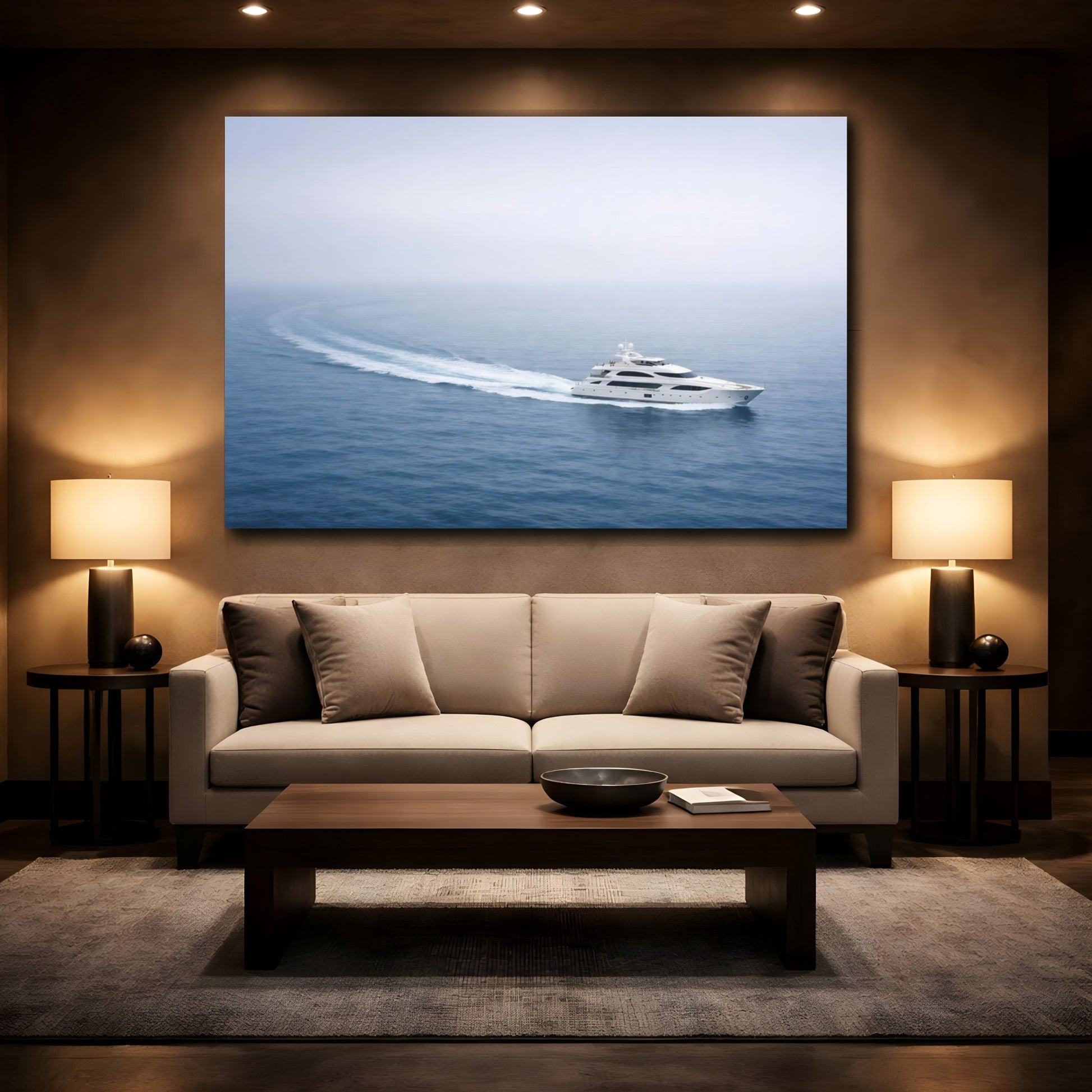 Mockup 2. Nature Yacht Blue And White Ocean shown as stretched canvas wall art