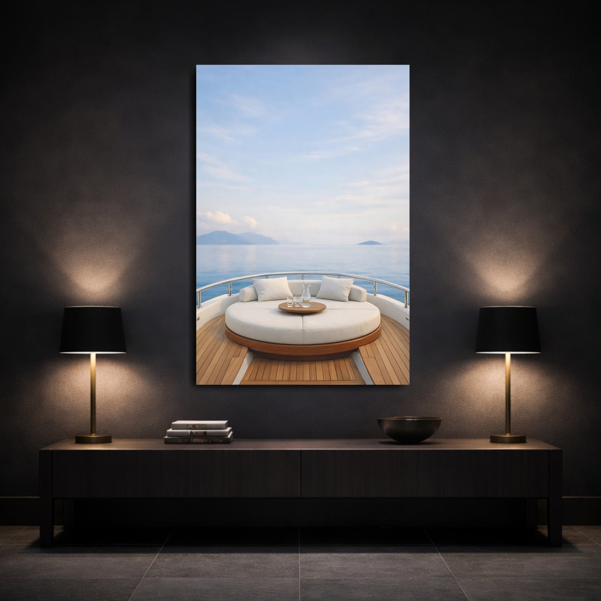 Nature Yacht Deck Blue And White shown as front canvas room wall art