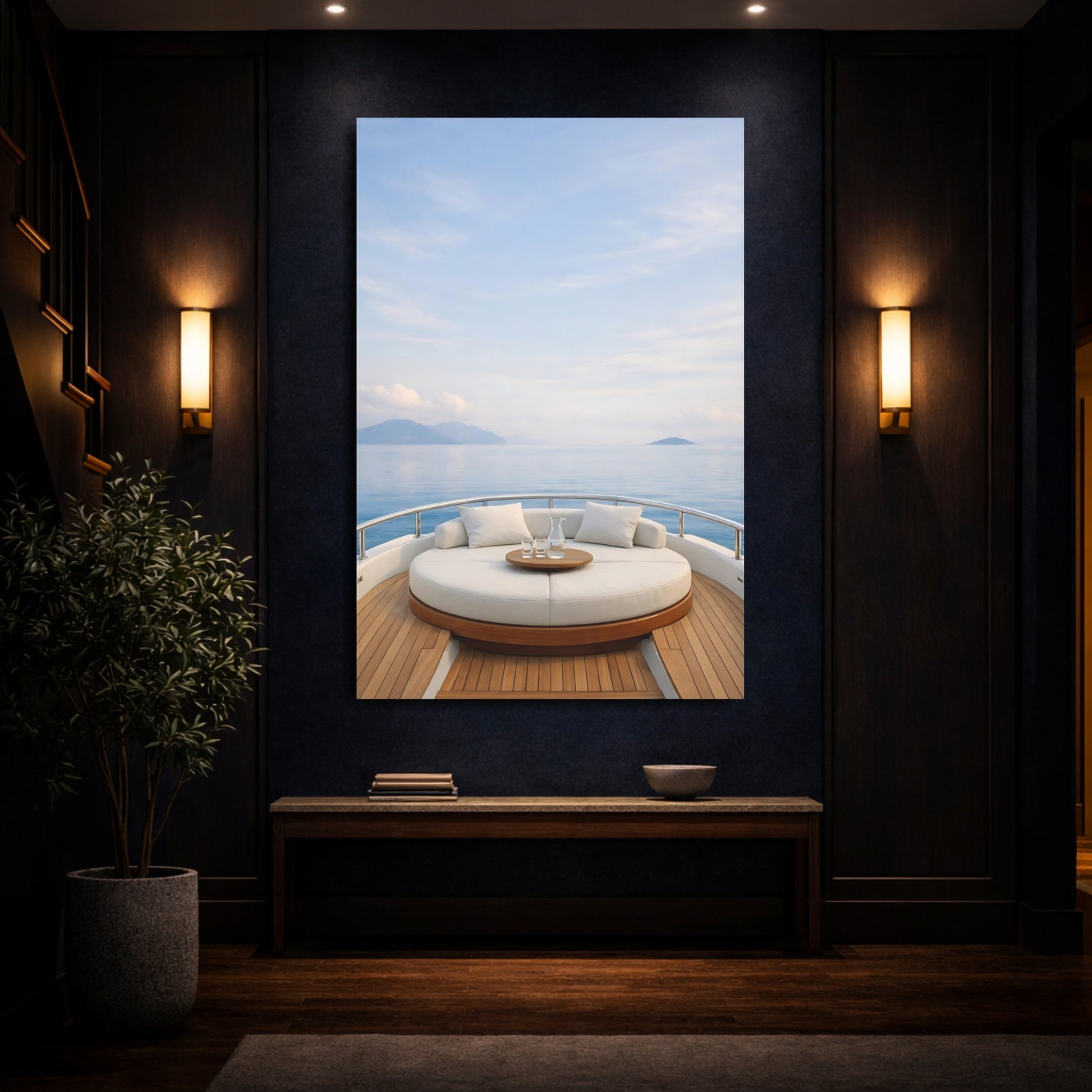 Nature Yacht Deck Blue And White shown as front canvas room wall art