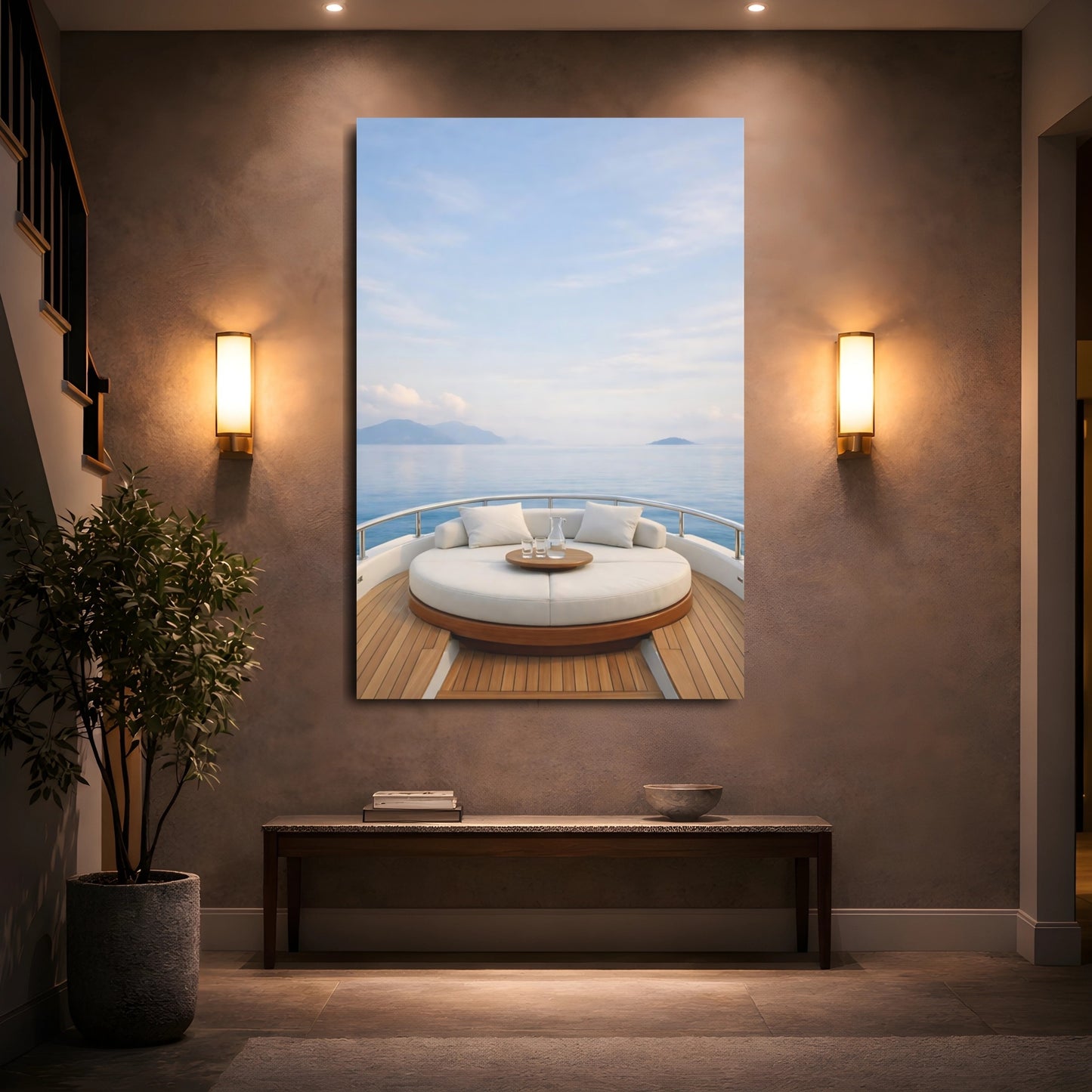 Nature Yacht Deck Blue And White shown as front canvas room wall art